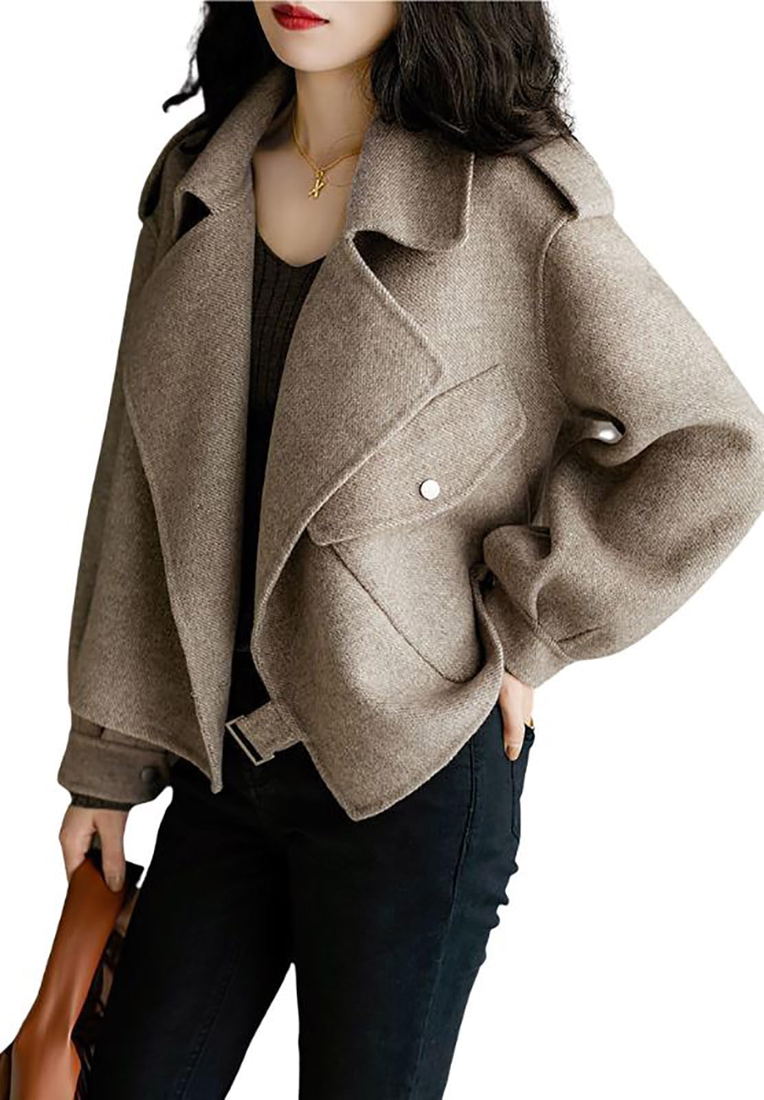 chouyatou Womens Fall Casual Cropped Wool Coat Open Front Loose Dressy Blazer Jacket Short Trench Coat