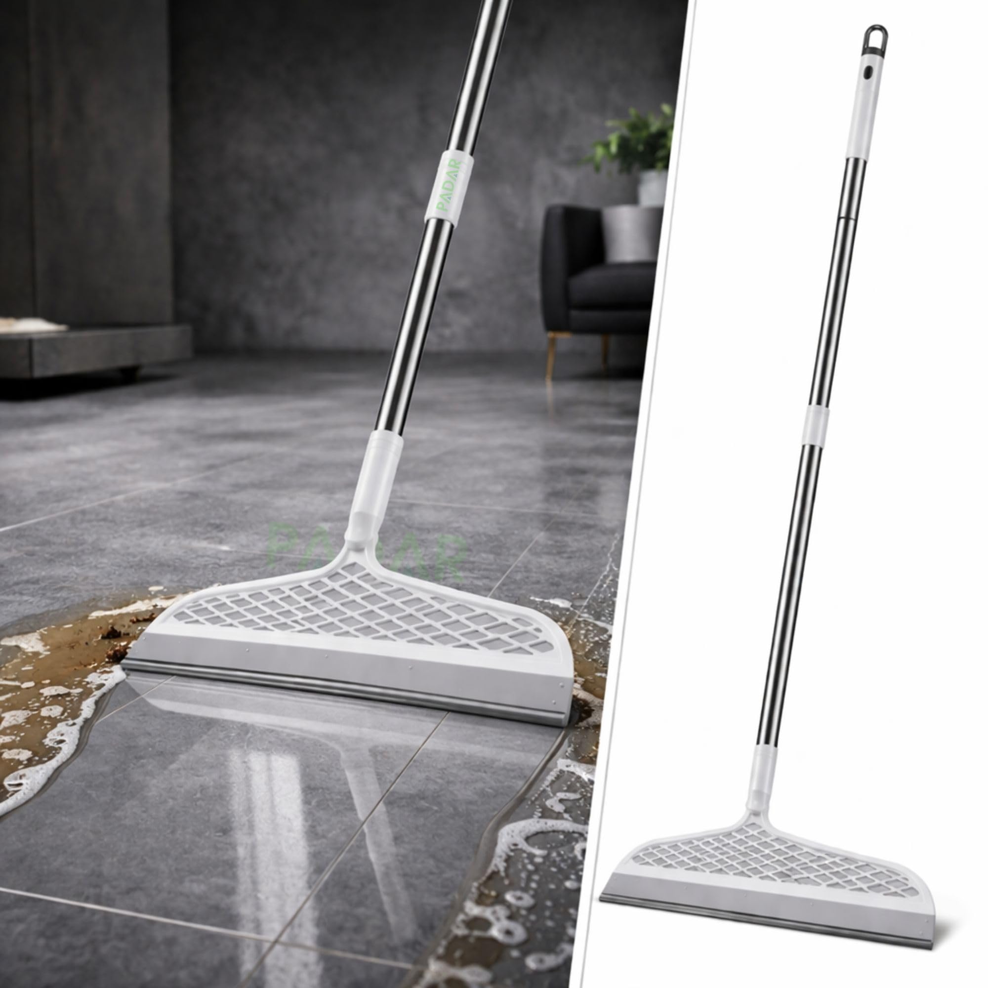 2 in 1 Floor Squeegee for Bathroom & Floor Cleaning | Dry Sweep & Wet Water Scraper | 180° Swivel Head Floor Wiper | Long Handle Cleaner for Tiles, Bathroom, Kitchen & Glass Cleaning-image-25