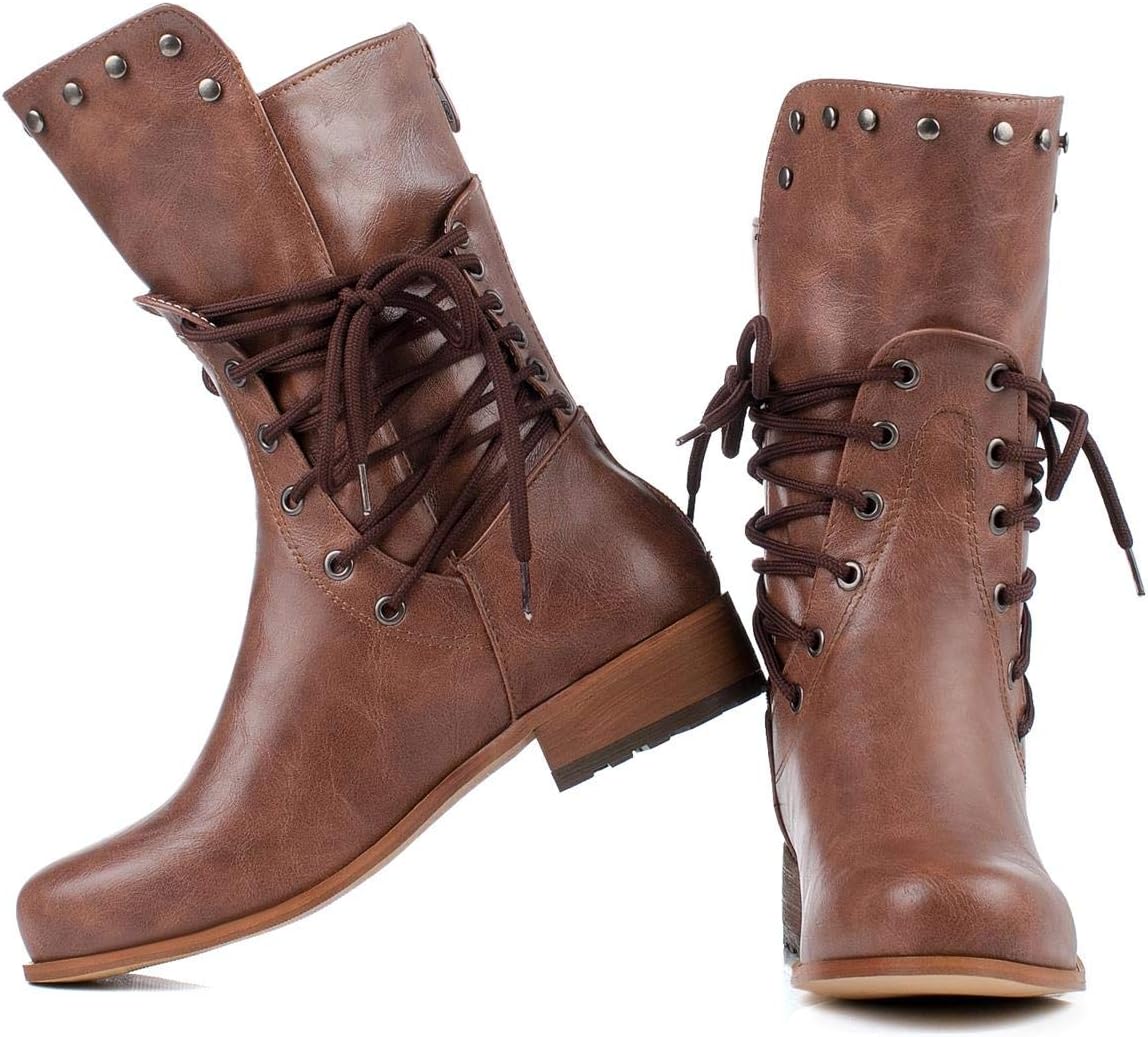 Womens Mid Calf Boots Low Heel Lace Up Zipper Martin Booties Round Toe Winter Autumn Shoes … Brown
