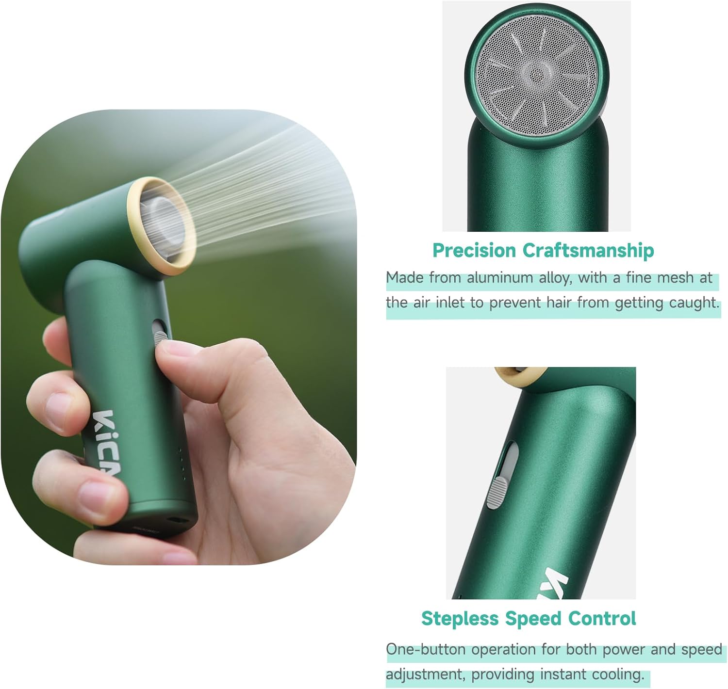 Kica Jetfan Mini-Handheld Portable Turbo Fan,Rechargeable Personal Fan,Stepless Speed Control,13Hrs Long-Lasting,Pocket-Sized Small Lightweight Jet fan for Travel/Outdoors Cooling,Green