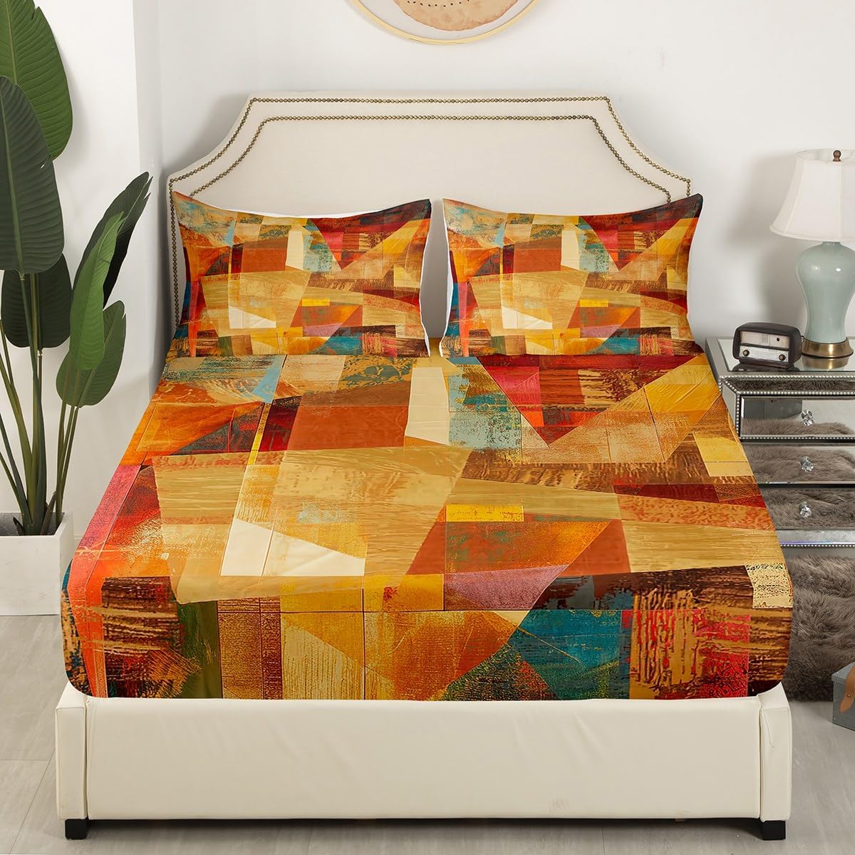 Feelyou Orange Red and Yellow Sheet Set King Size Kids Geometric Abstract Sheets with Deep Pocket Fitted Sheet for Boys Girls Teens Modern Bed Sheets Set Artwork Bedding Set Room Decor