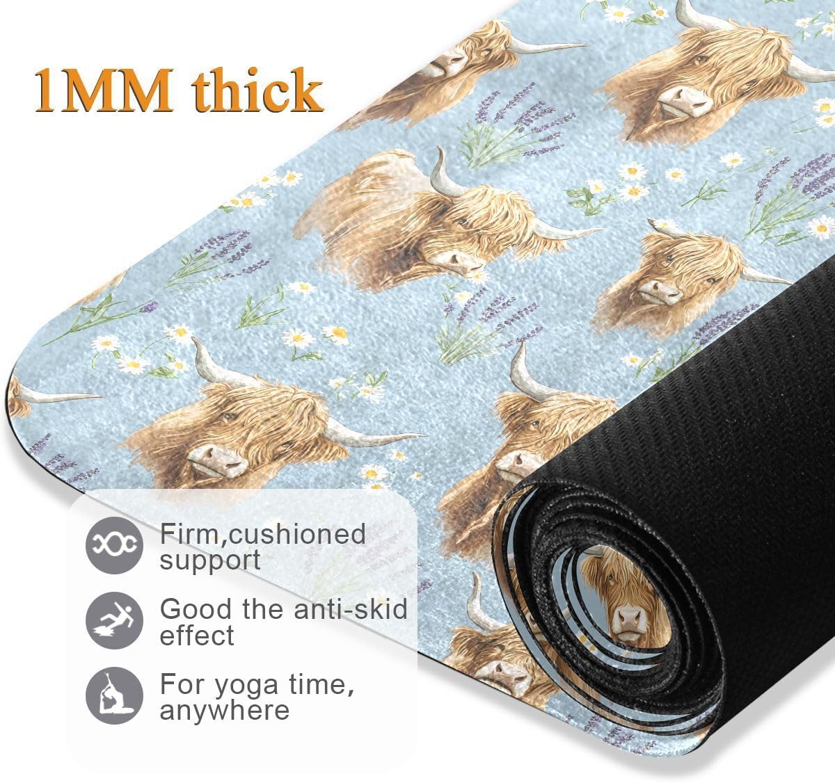 ALAZA Highland Cattle Lavender Pattern Yoga Mat Non Slip Fitness Exercise Mat, Workout Mat for Yoga, Pilates and Floor Exercises