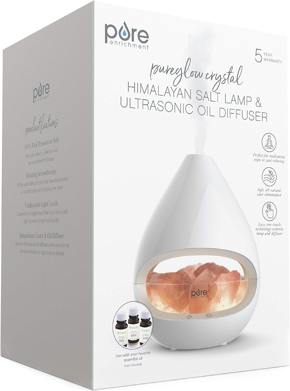 Pure Enrichment PureGlow Crystal - Original 2-in-1 Himalayan Salt Lamp & Ultrasonic Essential Oil Diffuser with Aromatherapy, 100% Pure Himalayan Salt, 5 Light Settings, 160ml Tank Lasts Up to 16 Hr : Health & Household