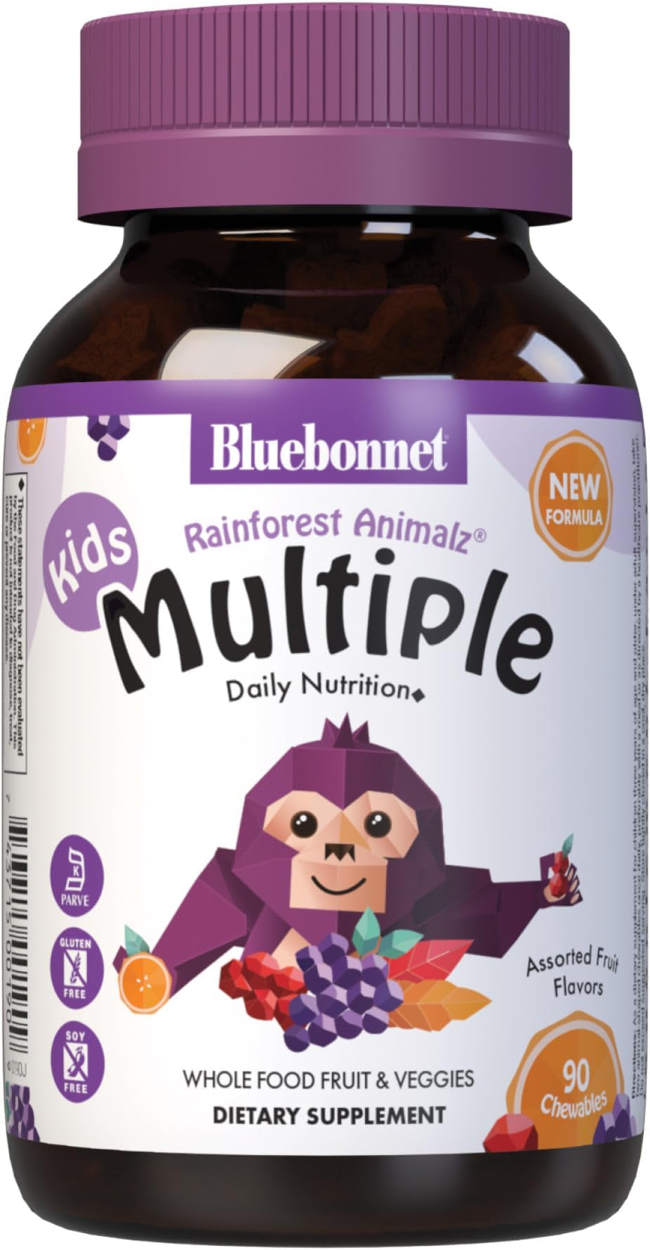 Nutrition Rainforest Animalz Whole Food Based Multiple Chewable Tablets, Kids Multivitamin & Mineral, Vitamin C, D3, Iron, Gluten Free, Milk Free, Kosher, 90 Chewable Tablets, Mixed Flavors