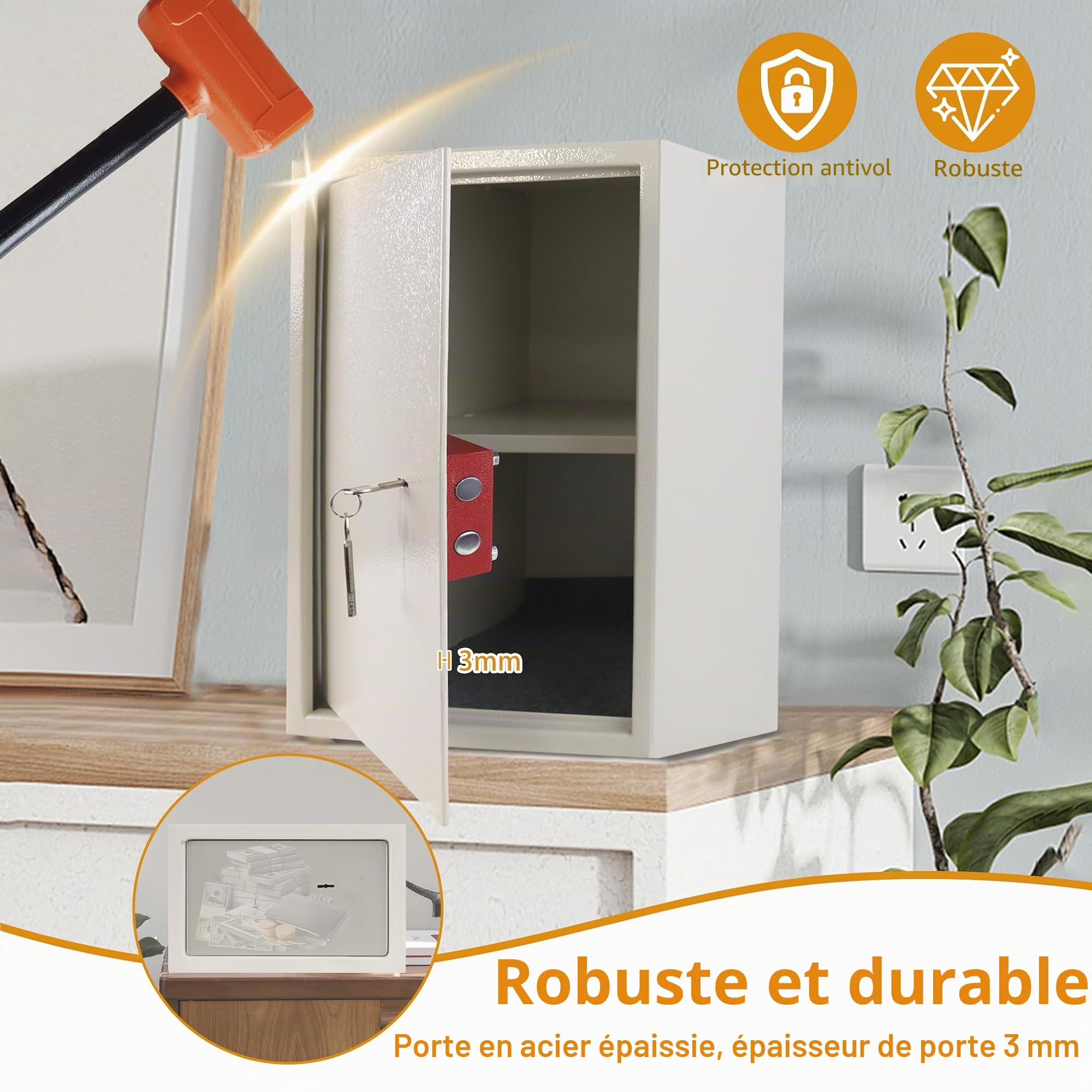HENGMEI Coffre-fort pour meubles avec serrure à double barbe, suspendue, 2 clés, pour caravane, placards, bureau, XL, 35 x 31 x 50 cm (argent)