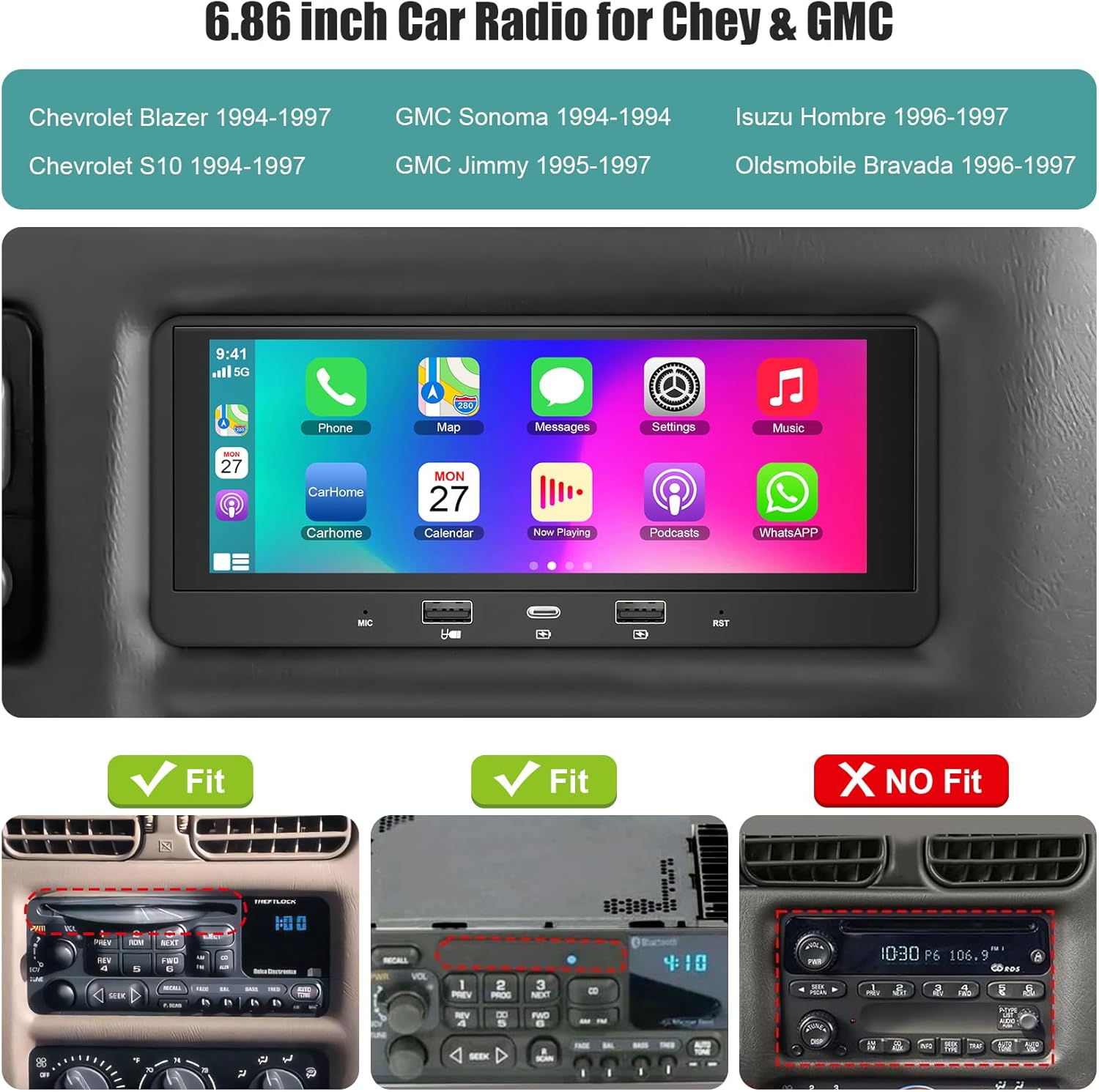 5GWiFi Upgrade Car Radio for Chevy S10 Blazer GMC Jimmy S15 1995-1997, GMC Sonoma Chevrolet S10 Pickup 1994-1997, Isuzu Hombre 1996-1997, 4+64GB 6.8" Stereo Carplay Android Auto FM GPS SWC Bluetooth