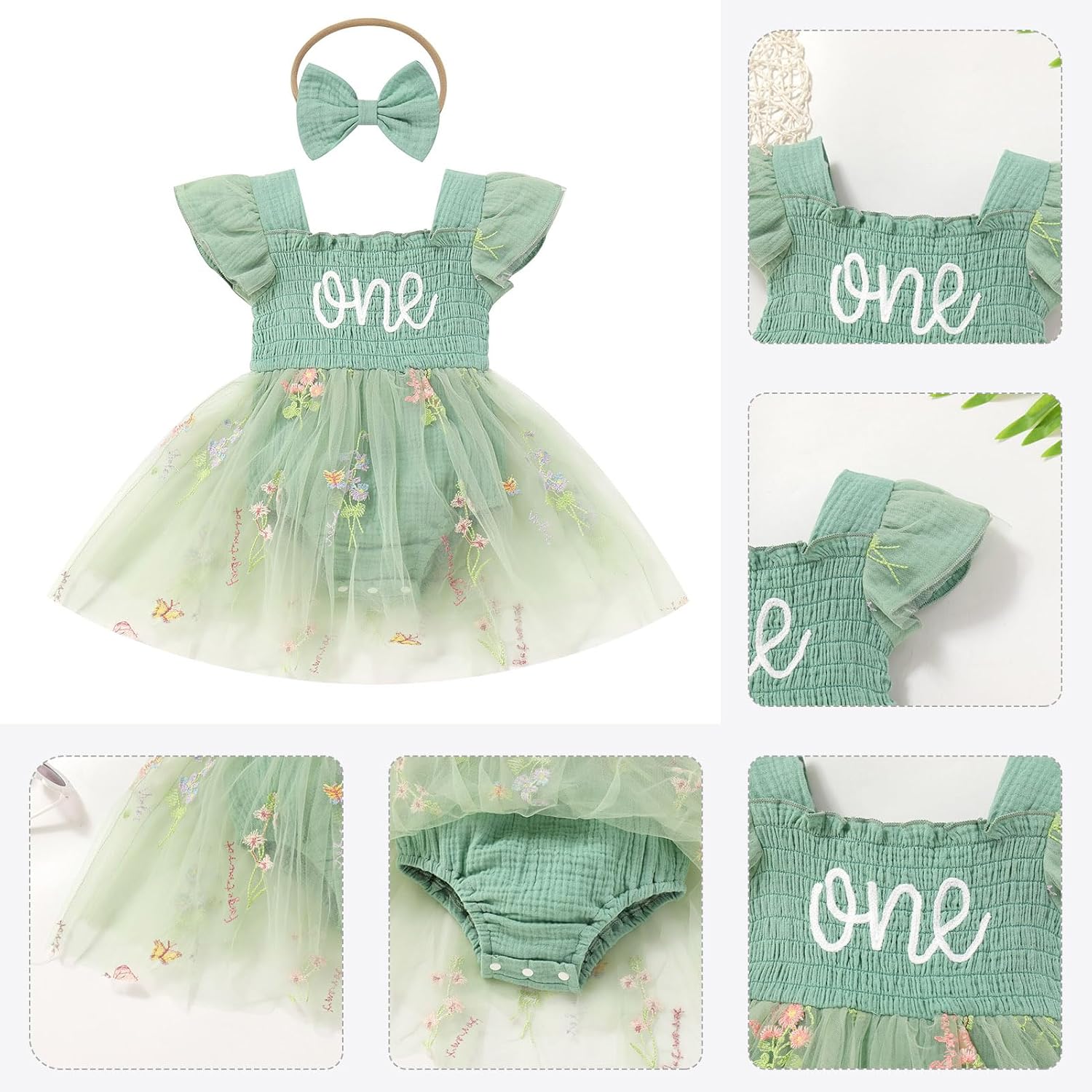 ODASDO Baby Girls First Birthday Outfit Sqaure Neck Ruffle Fly Sleeve Tulle Tutu Romper Dress with Bowknot Headband - Image 4