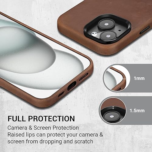 Miniatura 4 de Belemay Magsafe - Funda de piel compatible con iPhone 15 Plus, cuero de caballo loco vintage de grano superior, botones metálicos y bisel de la