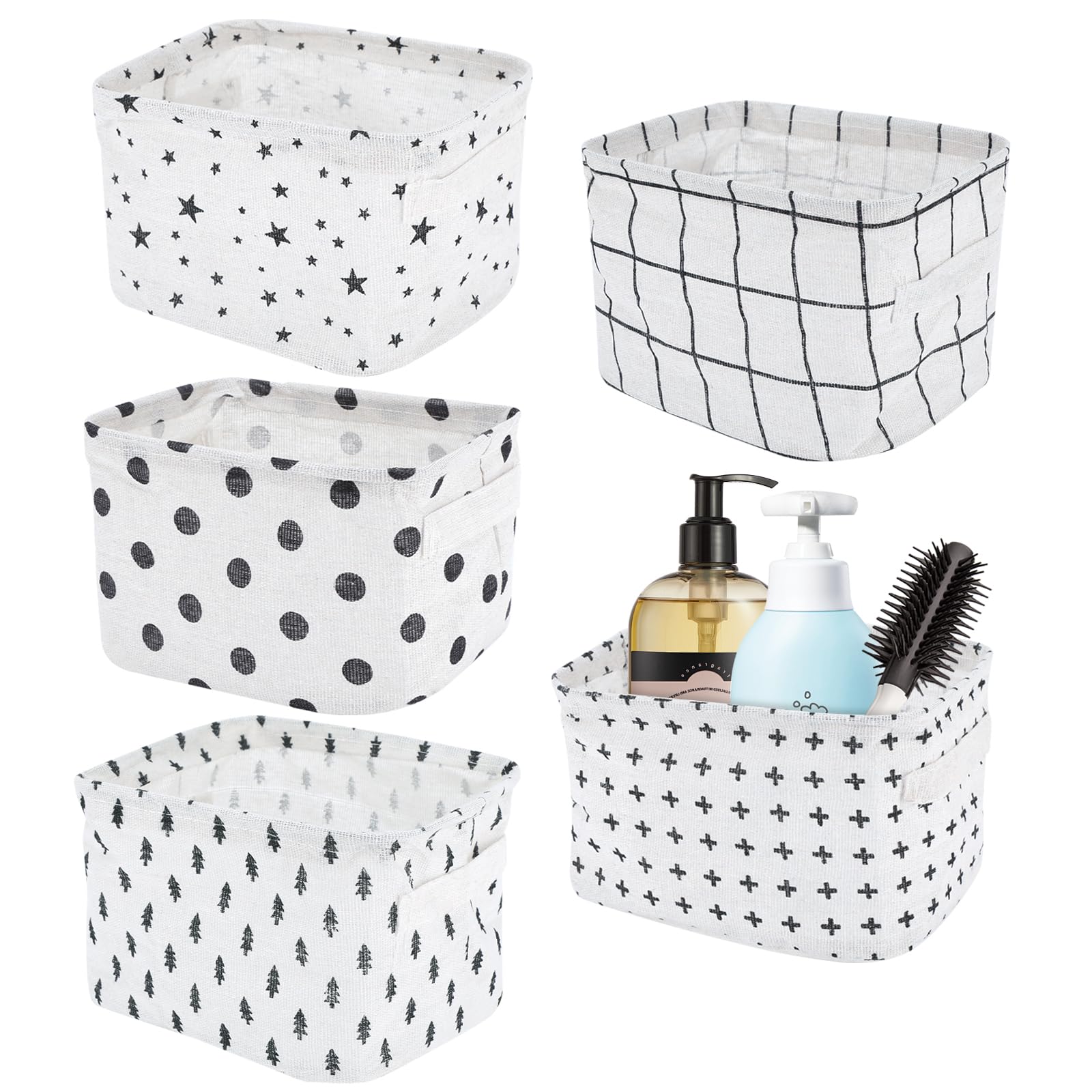 Haocjanc 5 Pack Small Fabric Storage Baskets, Collapsible Square Bathroom Storage Baskets, Waterproof Basket Organizer with Handles, Mini Basket for Bathroom, Cupboards, Kitchen