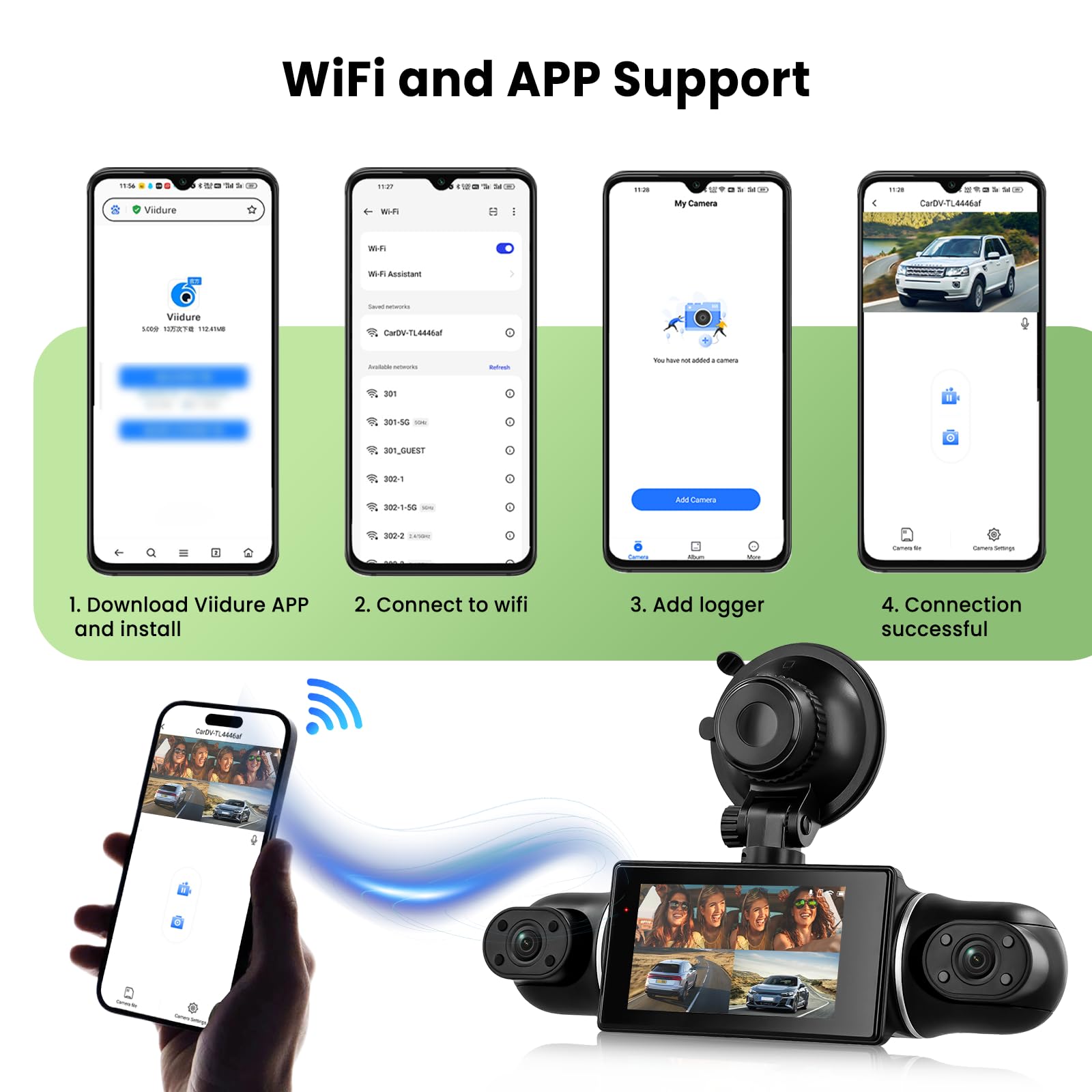 Hodozzy 2K WiFi 4 Canaux Dashcam Voiture, Contrôle Via App Dash Cam Caméra avec Enregistrement en Boucle, Caméra Embarquée 3 Pouces avec Vision Nocturne, Capteur G, Image Miroir, Assistance Arrière