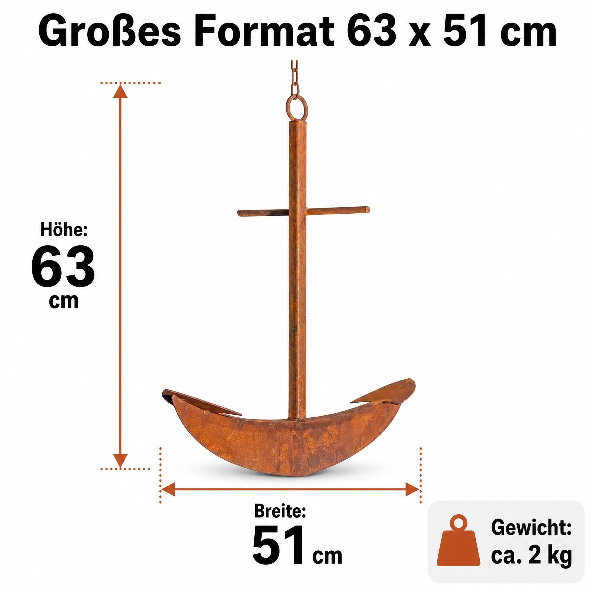 Maritime Deko Anker aus Metall mit Kette, Wanddeko Metall für Innen & Außen, Edelrost-Optik, Rustikales Gartendeko-Highlight zum Aufhängen, 63 x 51 cm, ca. 2 kg