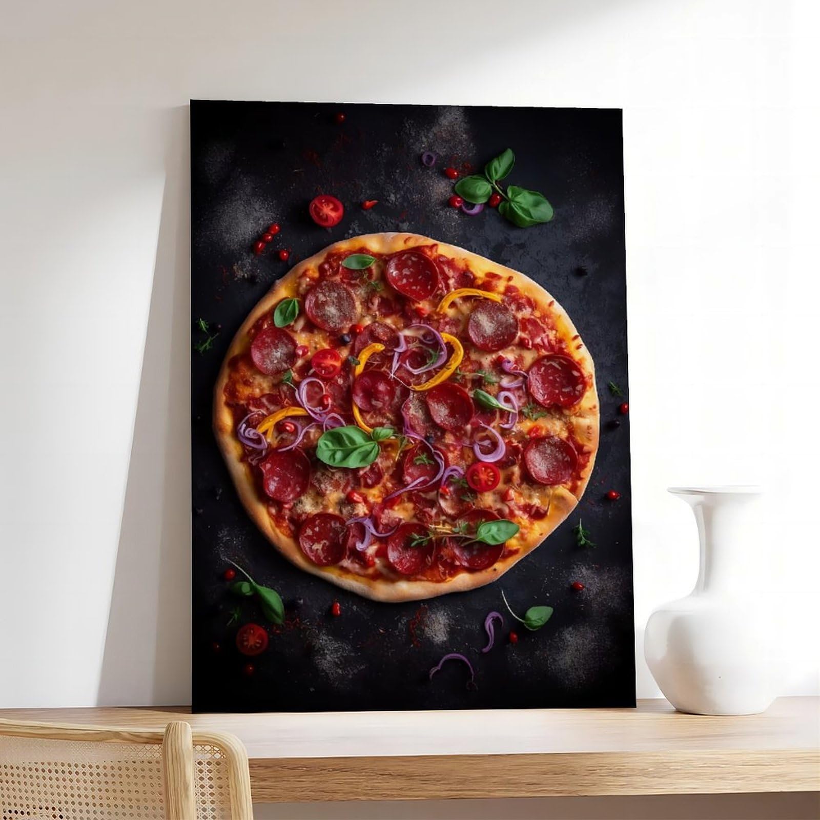GIEIG Kunstdruck für Küche, Restaurant, Essen, leckere Salami, Pizza, Poster, Druck für Teenager, Jungen, Zimmer, Leinwand, Wandkunst, Leinwand, Gemälde, Druckrahmen, 40,6 x 61 cm