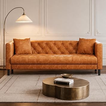 SunnyFurn81 PU Leather Couch,Chesterfield 3 Seater Sofa,Vintage Cognac Tan