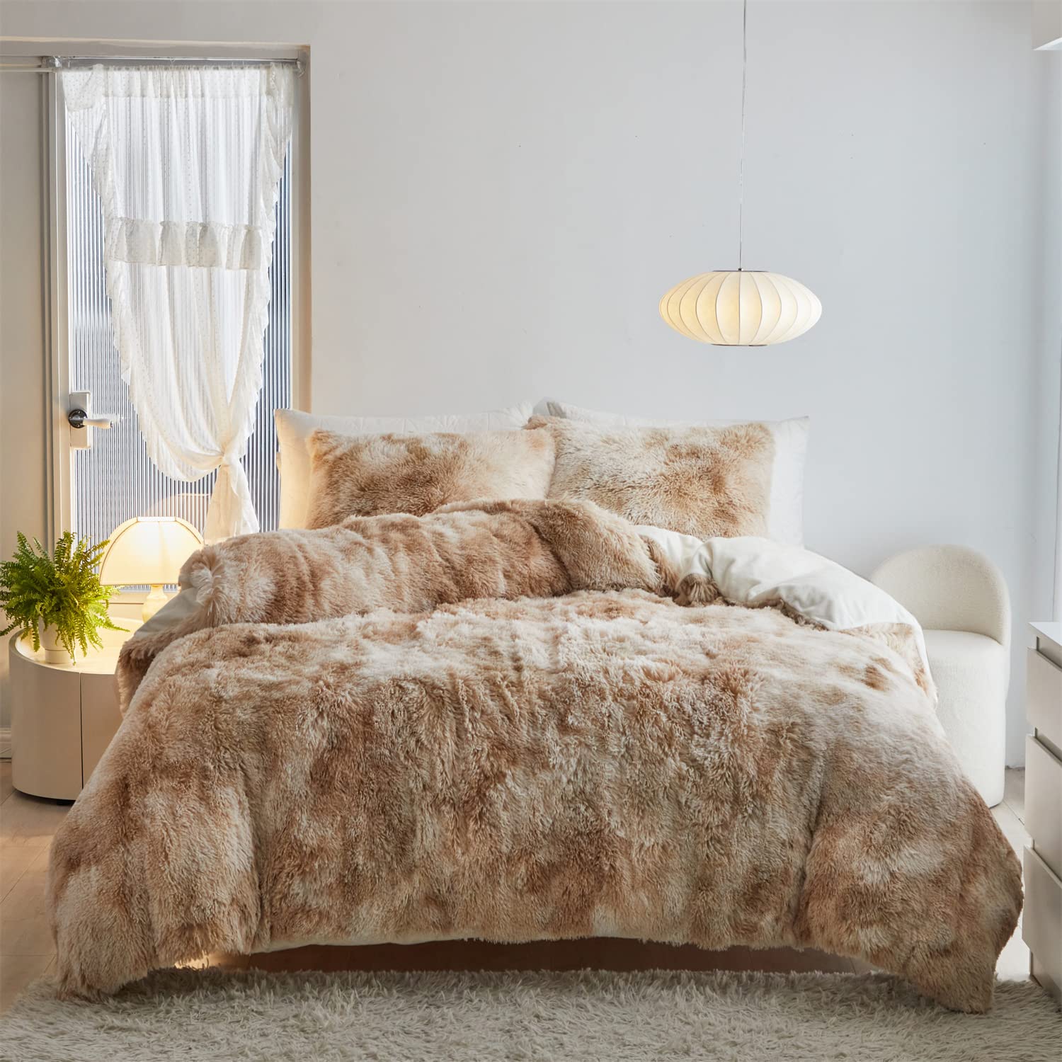 Jameswish Shaggy Plush Duvet Cover Set Super Soft Fluffy Faux Fur Comforter Cover Set Luxury Fuzzy Bedding Set 3 Piece(1Duvet Cover+2Pillowcases) with Zipper Clusure(Camel White Ombre,King Size)