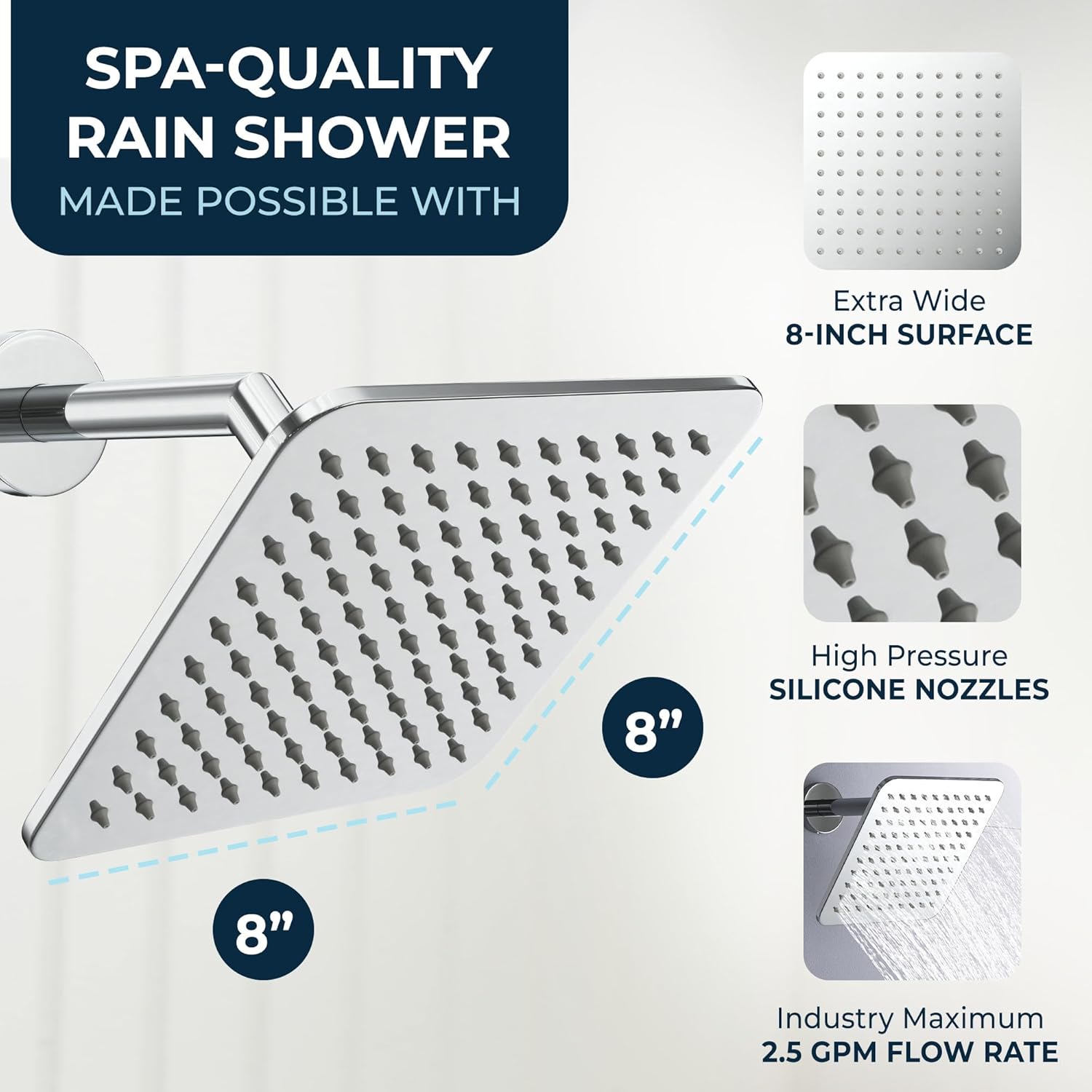HammerHead Showers® SOLID METAL 8 Inch Square Rainfall Shower Head – CHROME - Shower Head Rainfall - 2.5 GPM High Flow Shower Head Optimized for Pressure – Large Square Rain Shower Heads