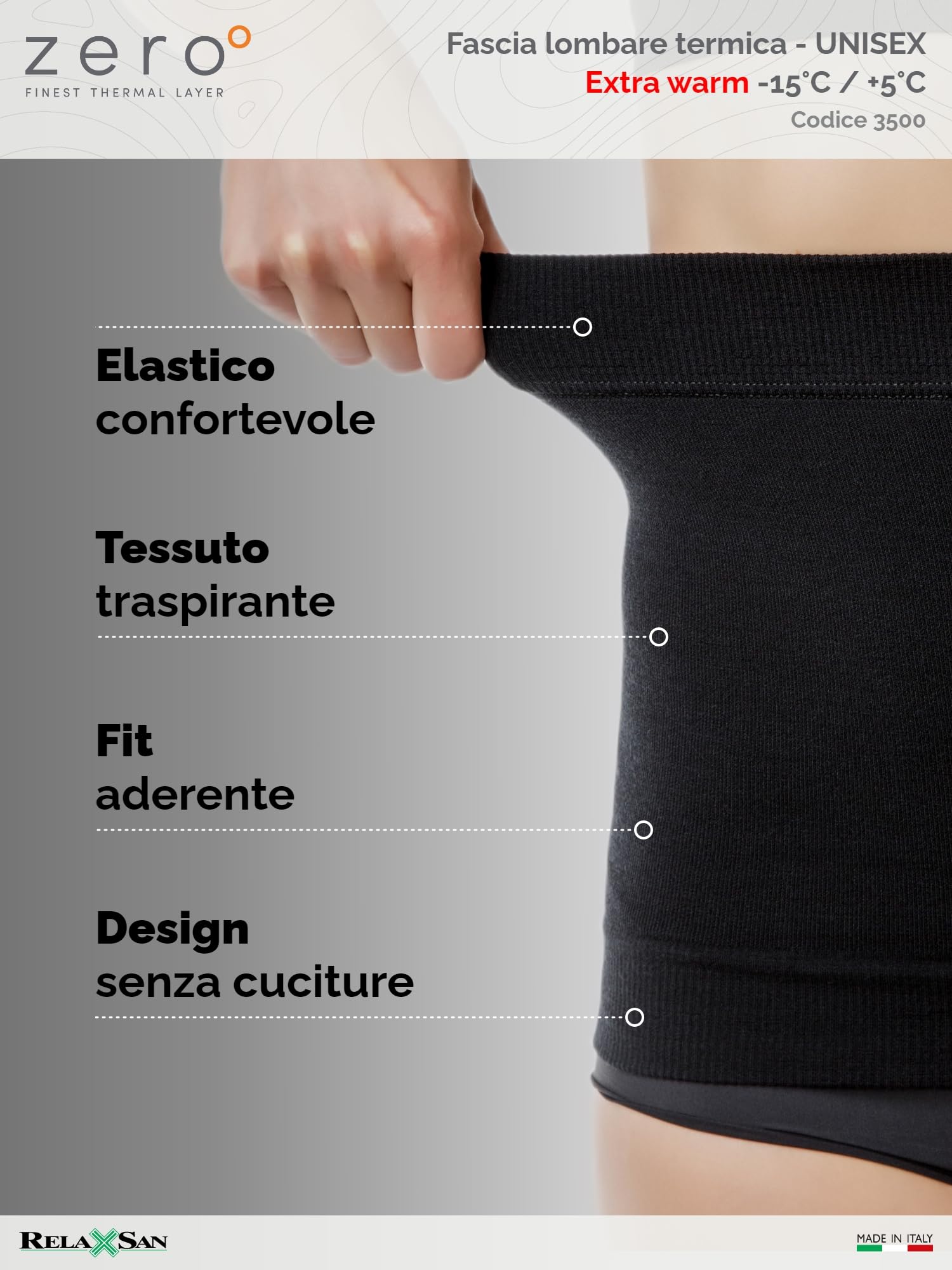 Relaxsan Zero Fascia Lombare Riscaldante con Lana Merino, Made in Italy, cod. 3500 (Nero, L)