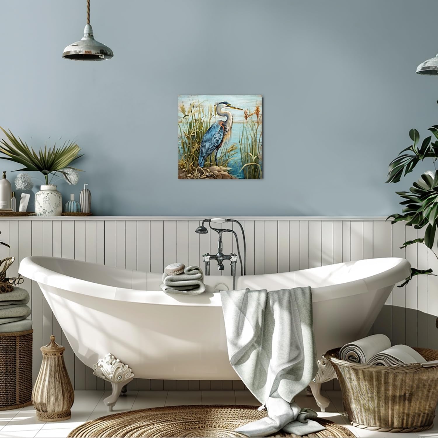 YUEYARIT Bathroom Decor Ardea Herodias Wall Art Ocean Theme Blue Sea Picture Heron Canvas Print Modern Coastal Artwork Framed for Living Room Dining Office