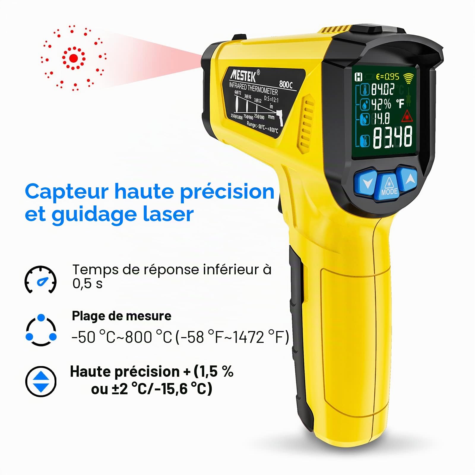 Thermomètre Infrarouge Laser MESTEK et Sonde Pistolet IR Temperature Sans Contact LCD -50°C~800°C Réglable Alarme d'émissivité Point de Rosée Cuisine Barbecue Congélateur Aliments industriel