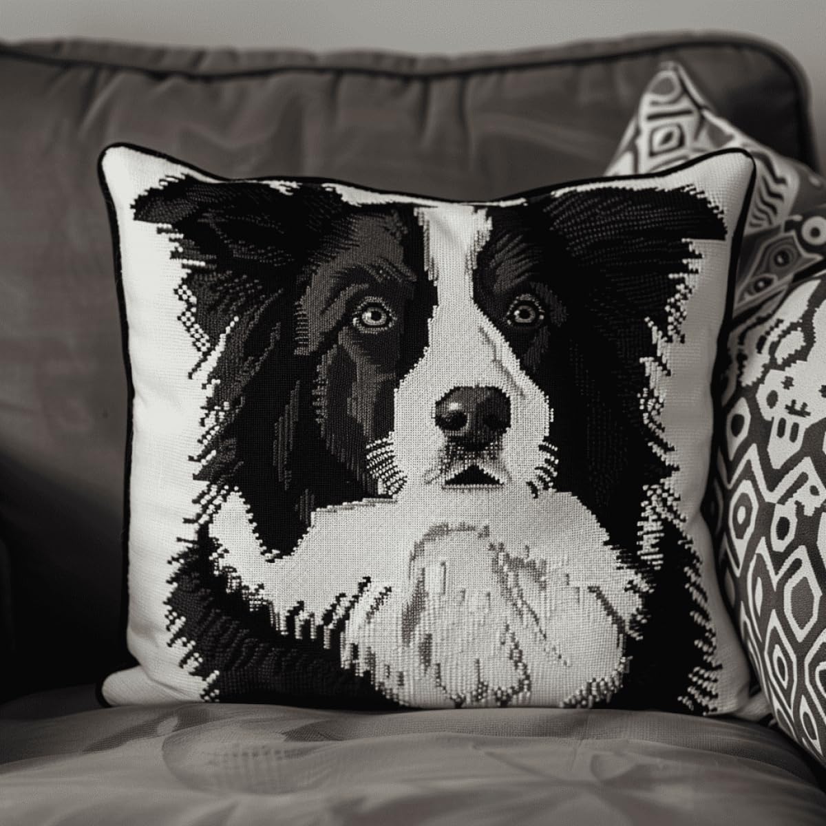 Rkflgew Multiple Colors Latch Hook Cushion Kit - Border Collie Pet Dog Diy Cross Stitch Sofa Cover With Tool - For Teenagers And Adults 43X43cm