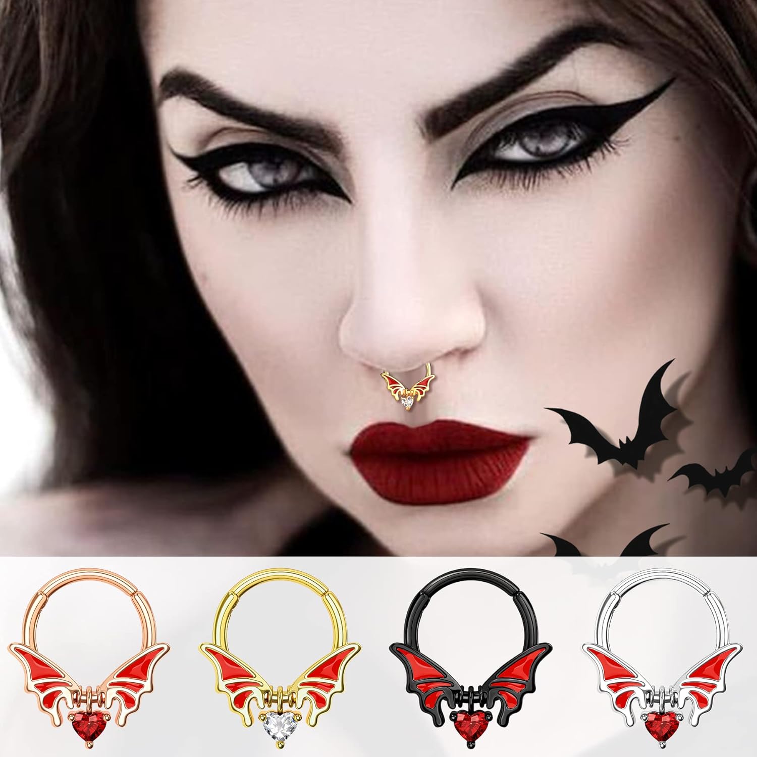 Melighting Septum Rings 16G Bat Septum Jewelry Halloween Clear CZ Surgical Steel 316L Black Dangle Daith Earrings Helix Earring Cartilage Tragus Piercing for Women Men - Image 9