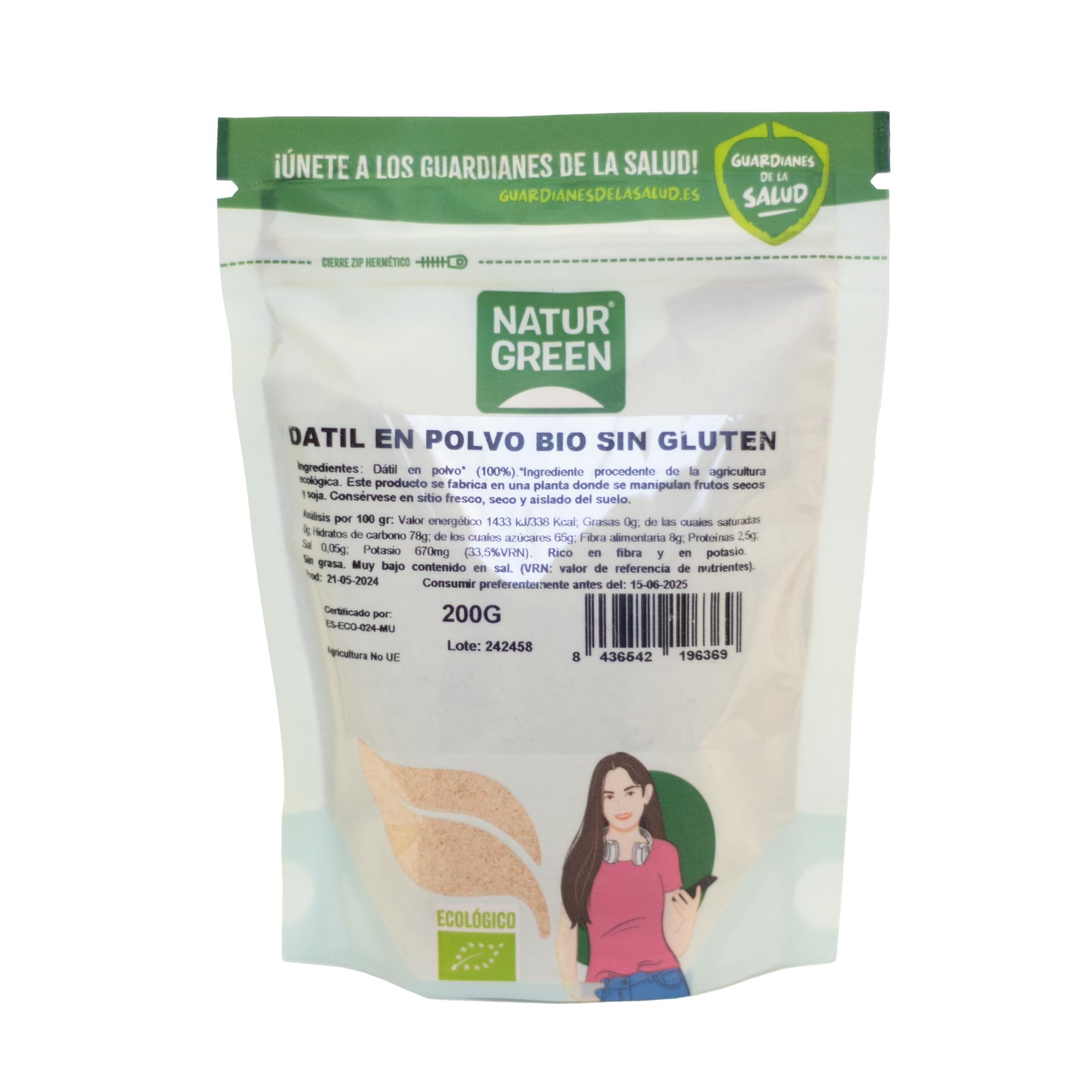 NaturGreen - Harina de Dátiles Bio, Pack 9 x 200 g, 100% Natural, Fuente de Proteínas y Fibra, Sin Gluten, Ideal para Repostería y Mezclas Keto