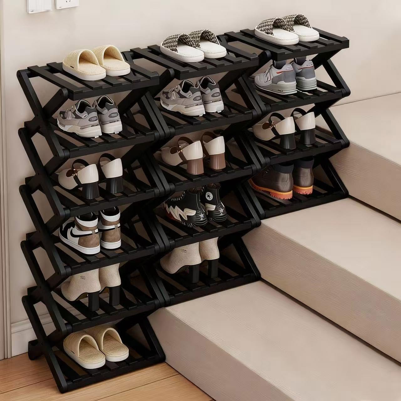 Mały stojak na buty, czarny, 5-poziomowy, bambusowy, składany, organizer na buty, wolnostojąca półka do przedpokoju, sypialni, szafy, narożnika salonu, nie wymaga instalacji