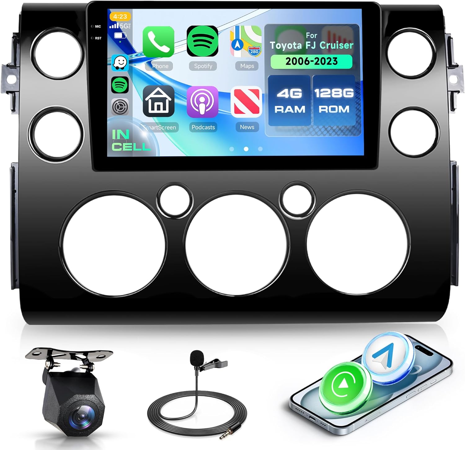 Rimoody 4+128G Android 15 Car Stereo Radio for Toyota FJ Cruiser 2006-2023 with Wireless Carplay Android Auto, 9'' in-Cell Screen Head Unit GPS/Bluetooth/FM RDS/EQ/Wi-Fi Mirror Link Backup Camera SWC