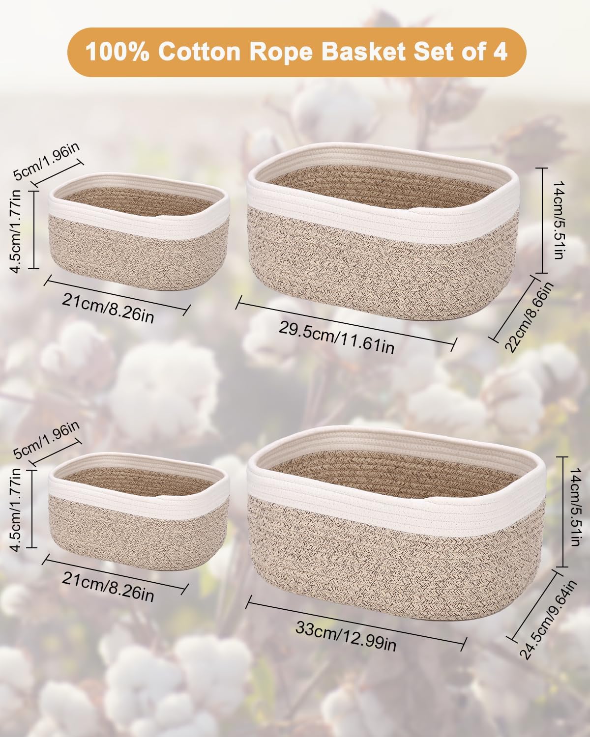 Set di 4 Birshe Cestini Portaoggetti per Bambini, Multiuso in Cotone e Corda di Cotone, Impilabili