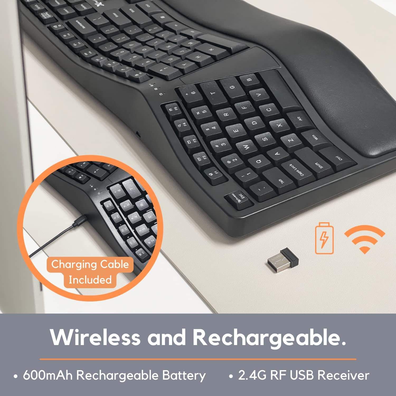 X9 Performance Ergonomic Keyboard Wireless - Your Comfort Matters - Full Size Rechargeable 2.4G Ergonomic Wireless Keyboard with Wrist Rest - 110 Key Split Ergo Computer Keyboard for PC | Chrome