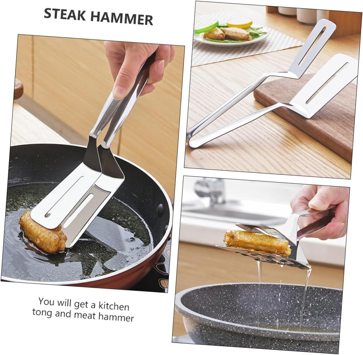 LABRIMP 2pcs Stainless Steel Meat Mallet and Kitchen Tongs Cooking Tools for Tenderizing Meat and Grilling Dishwasher Safe for Easy Cleanup for Home and Restaurant Use