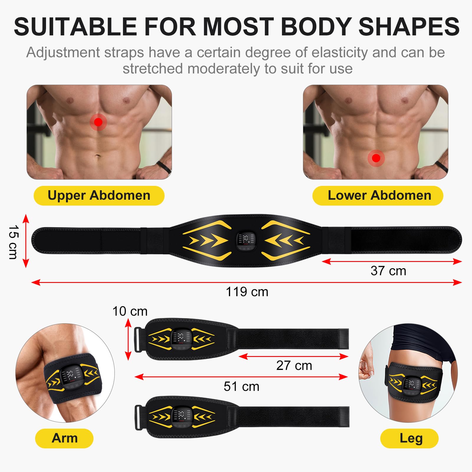 Elettrostimolatore Muscolare EMS Addominali – 10 Modalità E 30 Intensità, Ricarica USB-C, Cintura In Silicone 120 Cm, Per Uomo E Donna