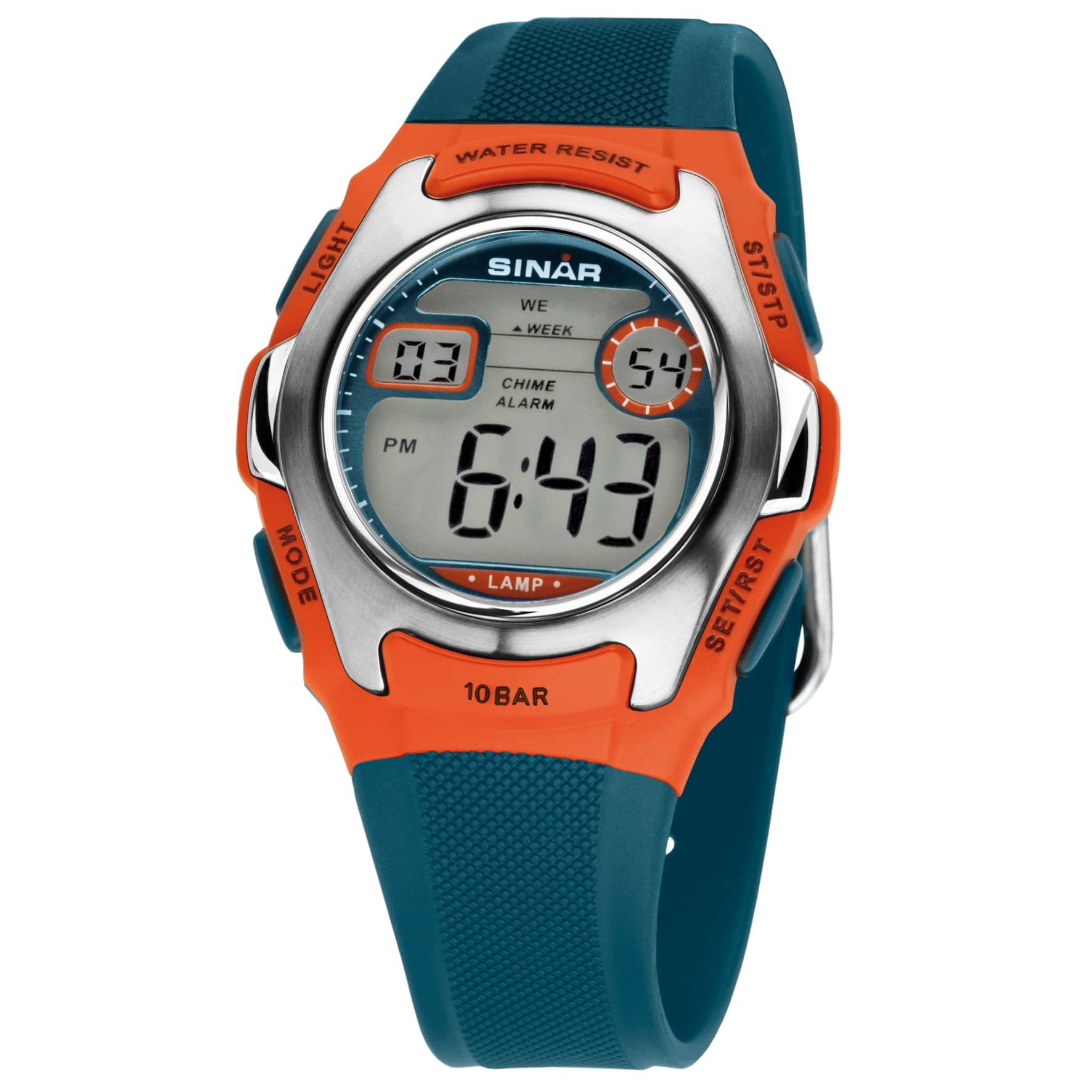 SINAR XE-50-6 Orologio Digitale Uomo: Sportivo, 10 Bar, Cronometro, Sveglia, Timer E Doppio Fuso - Cinturino In Resina Blu/Arancione