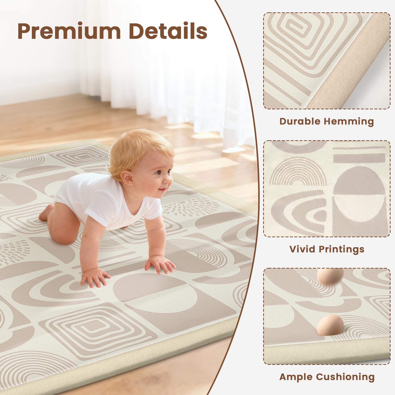 Tappeto Gioco Neonato Gattonamento, 127x127x3cm, Tappetone Pieghevole per Bambini, Superficie in Morbida Flanella con Base Antiscivolo per Camera e Soggiorno - Motivi Geometrici Marroni