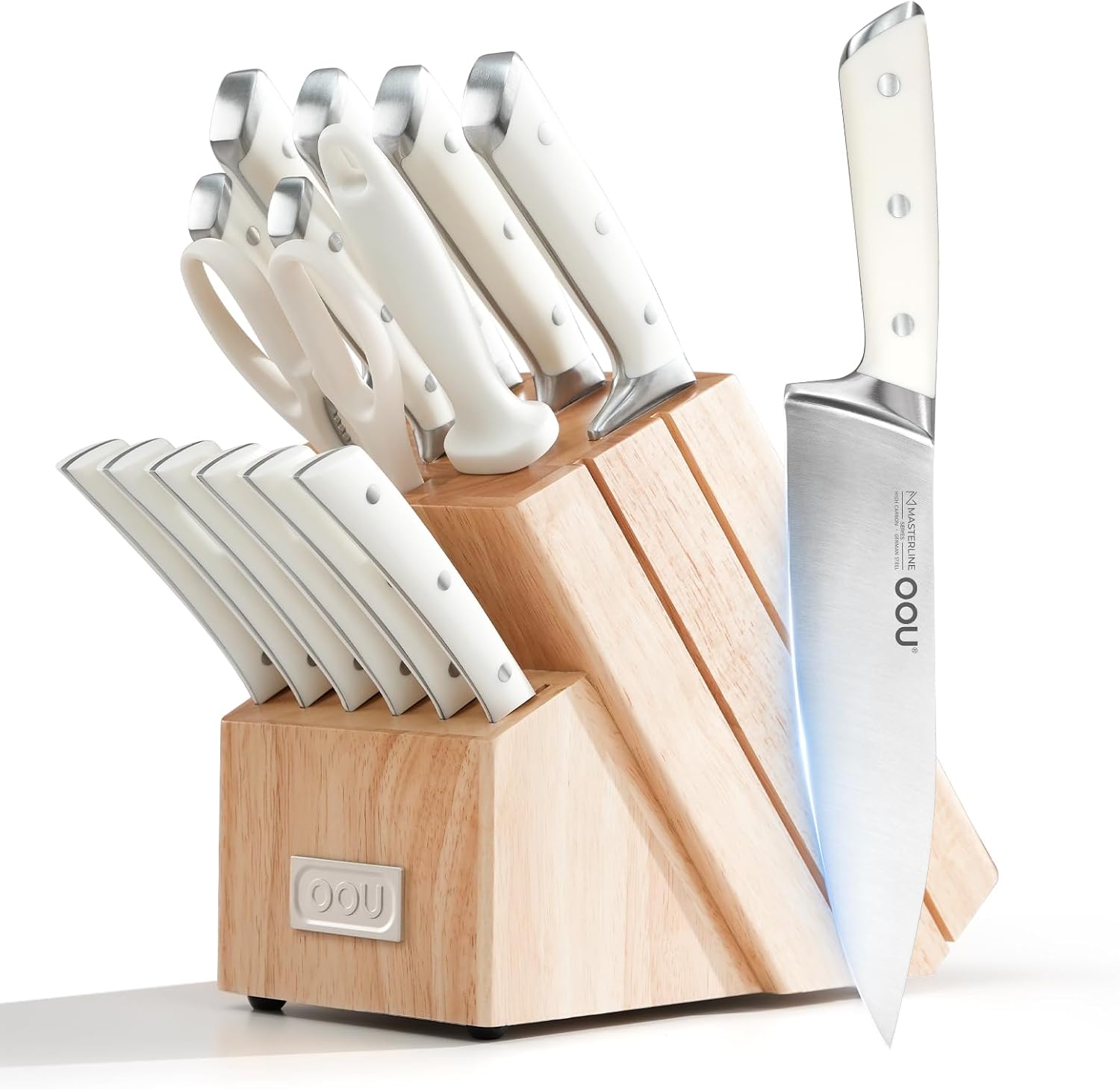 OOU 2026 Master Line 15-Piece German High Carbon Steel Knife Set - Professional Sharp Chef Knife with FSC Wooden Block - Ergonomic Handle Kitchen Knife Set with Steak Knives & Sharpener