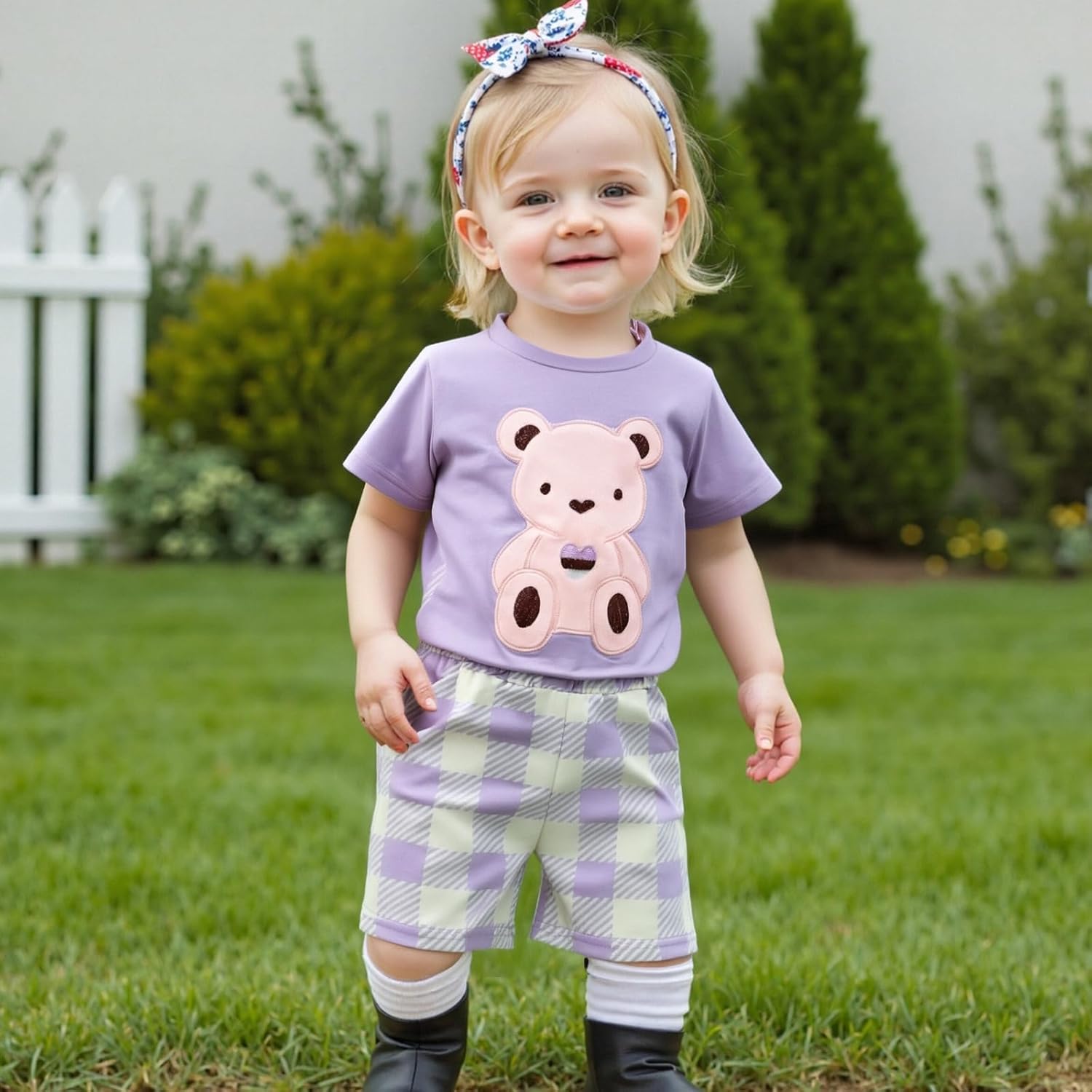 Toddler Baby Girl Summer Clothes Bear Short Sleeve T-Shirt Tops Checkered Elastic Waist Shorts Set Infant Outfit - Image 2