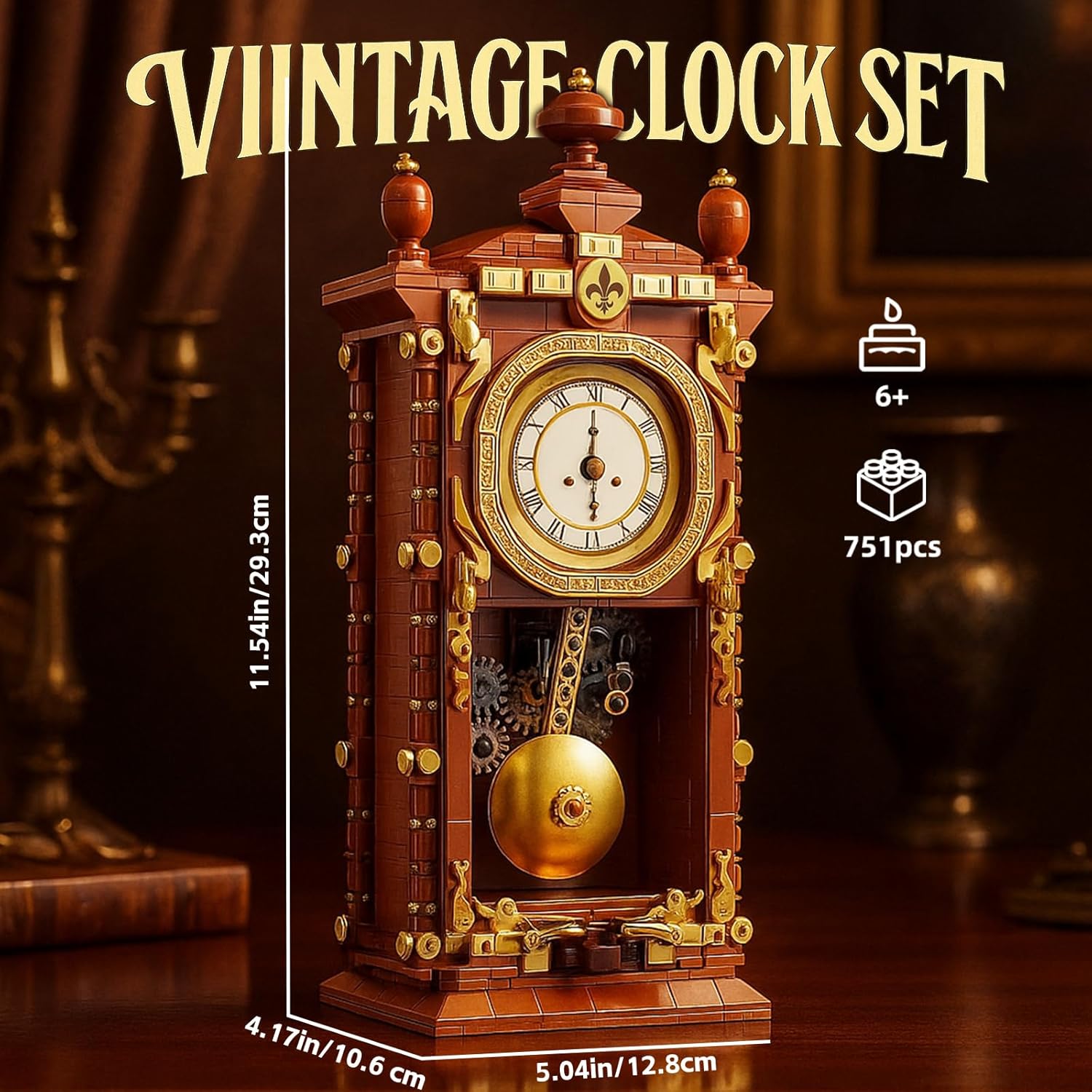 Retro Clock Building Block Set, Mechanical Pendulum Vintage Clock Toy with Real Functional Timepiece & Moving Gears, Home Decor & Housewarmings Gift for Man Woman & Adults Kids Ages 6+ (751 PCS)
