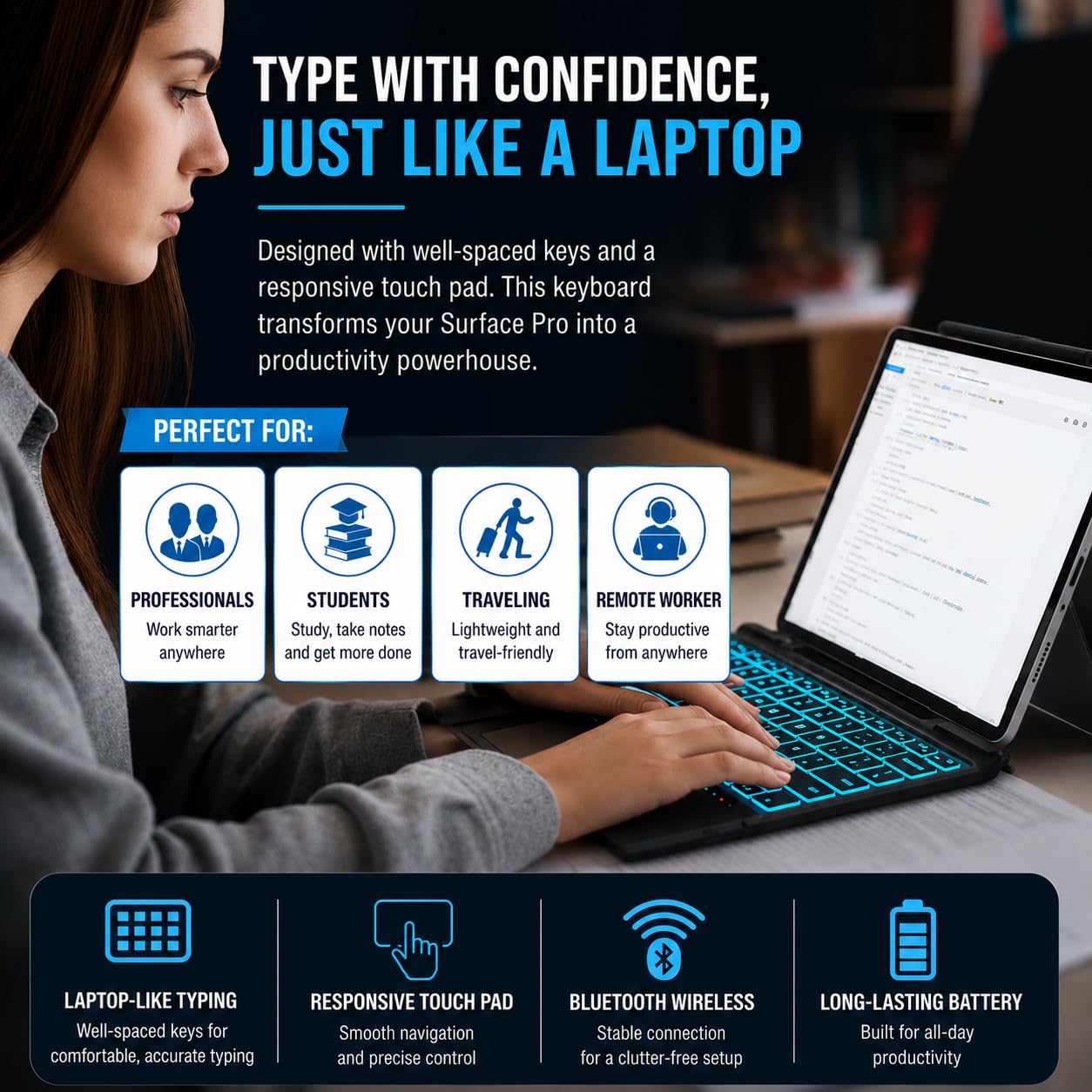 Tastiera Surface Pro 11/10/9/8/X/13 con trackpad - Cover wireless Bluetooth, tasti retroilluminati a 7 colori, design magnetico ultra sottile, ricaricabile tramite USB-C con portapenne