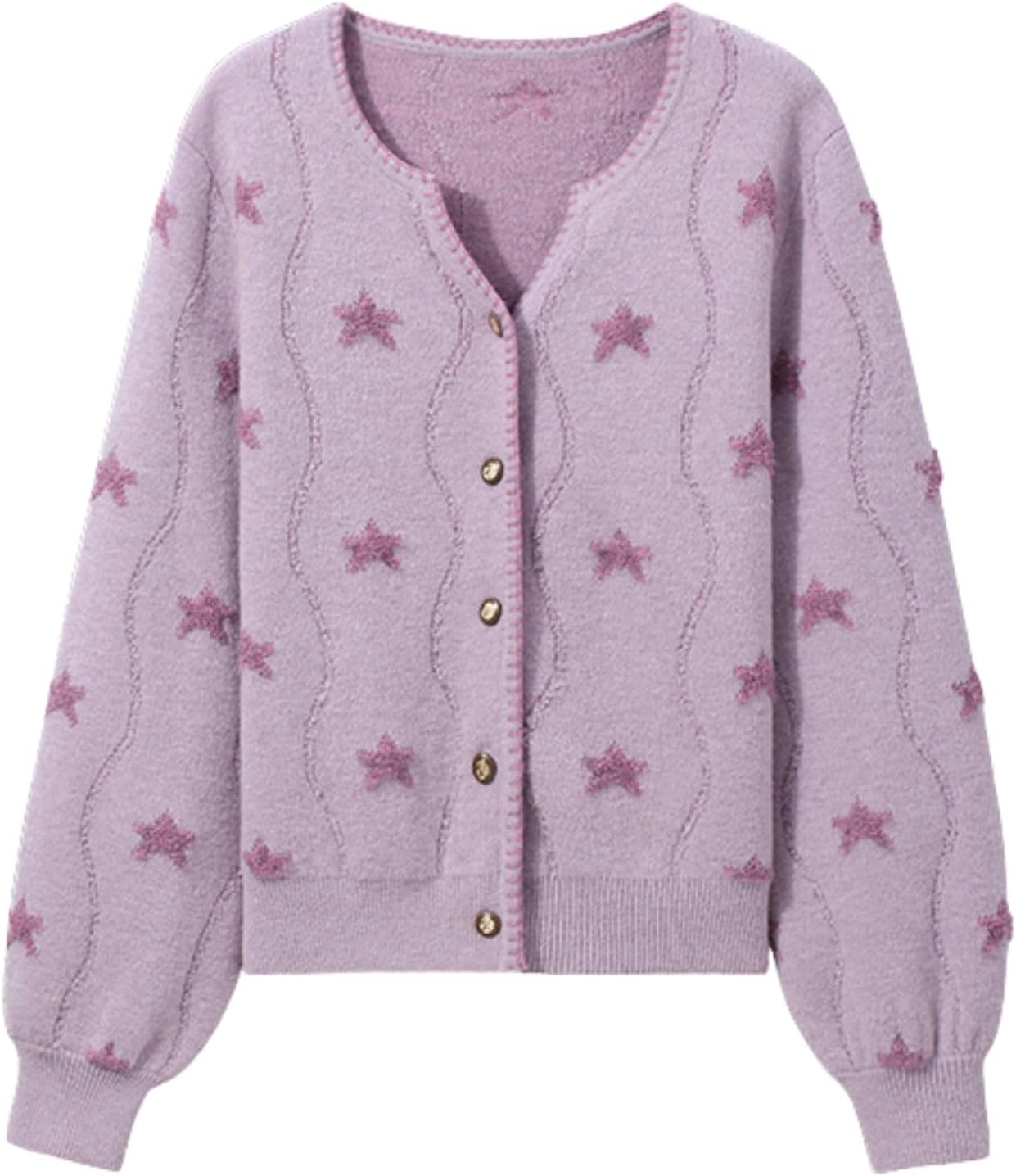 FindThy Women’s Star Printed Cardigan Sweater Gentle V-Neck Long Sleeve Embroidered Trims Button Down Knit Outerwear Top