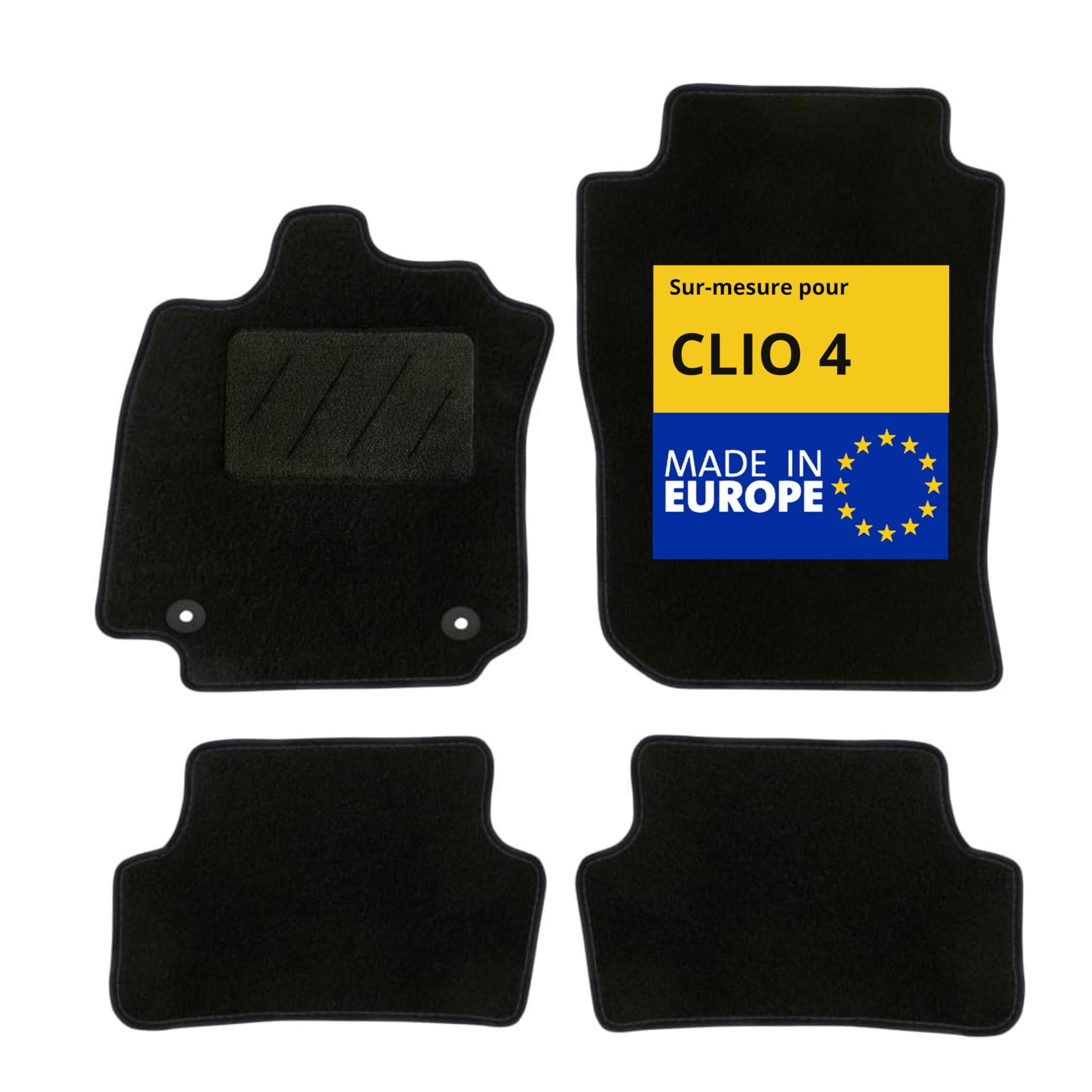 DBS – Tapis de Voiture - sur Mesure pour Renault Clio 4 (09/2012-05/2019) – Antidérapants avec Clips de Fixation – 4 Tapis Auto Avant/arrière – Moquette Noire