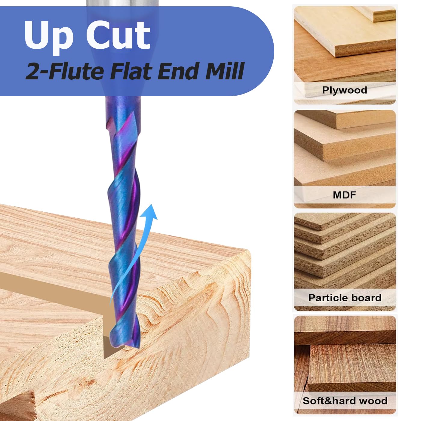 Mesee Spiral Upcut Router Bit 1/4 Inch Shank Carbide 2 Flute End Mill Nano Blue Coated CNC Router Bit End Milling Bit for Wood Mortises Carving Edge Trimming, 1/8" Cutting Diameter, 1" Cutting Length