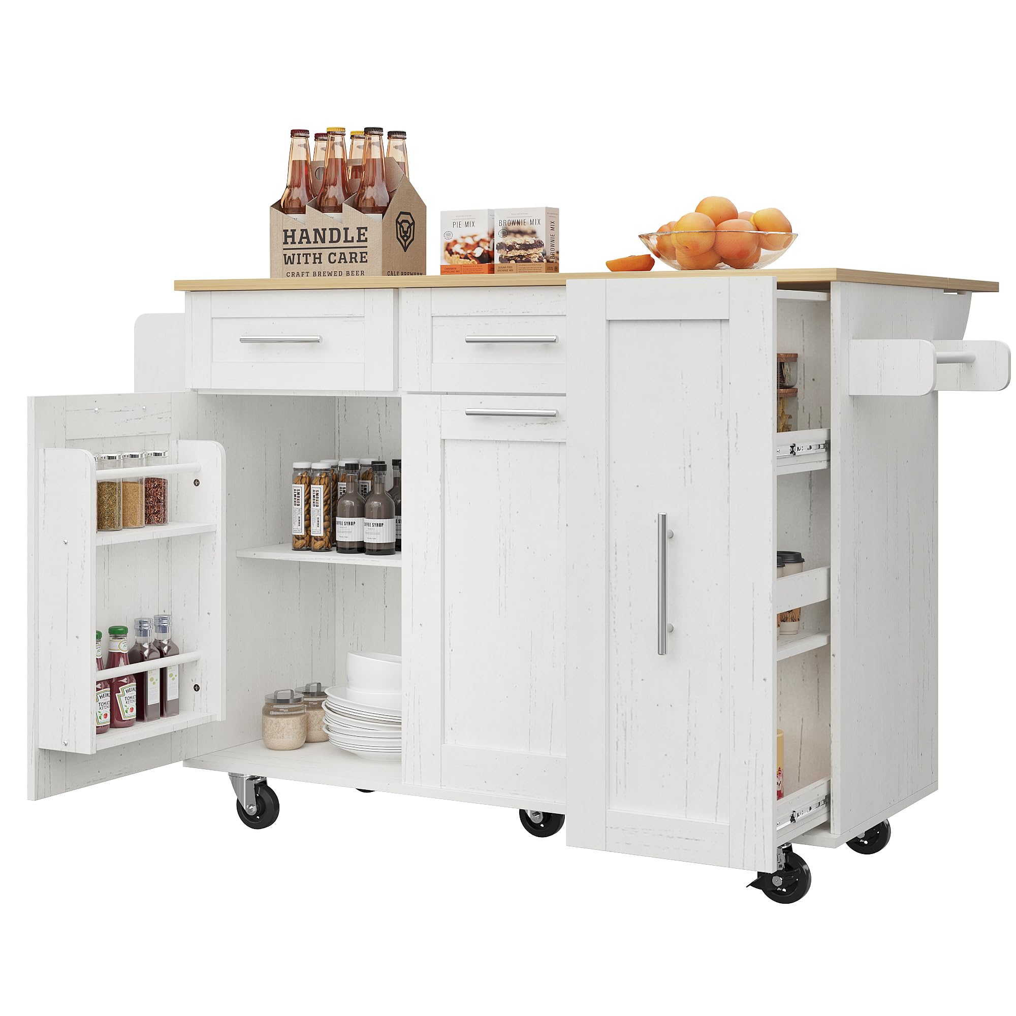 Rolling Kitchen Island on Wheels with Storage Space, Kitchen Trolley with Folding Side Board and Snack Shelves, Trolley with Stretch Function Cabinets for Home, Kitchens, White