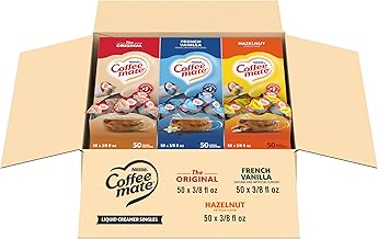 Nestle Coffee mate Creamer Singles Variety Pack, Original, French Vanilla, Hazelnut, Non Dairy, No Refrigeration, 0.375 fl oz Tubs, 150 Count (Pack of 50 Per Flavor)