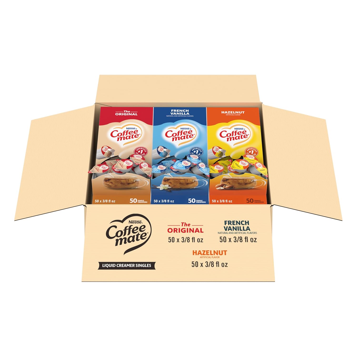 Nestle Coffee mate Creamer Singles Variety Pack, Original, French Vanilla, Hazelnut, Non Dairy, No Refrigeration, 0.375 fl oz Tubs, 150 Count (Pack of 50 Per Flavor) Nestle Coffee mate Creamer Singles Variety Pack, Original, French Vanilla, Hazelnut, Non Dairy, No Refrigeration, 0.375 fl oz Tubs, 150 Count (Pack of 50 Per Flavor)