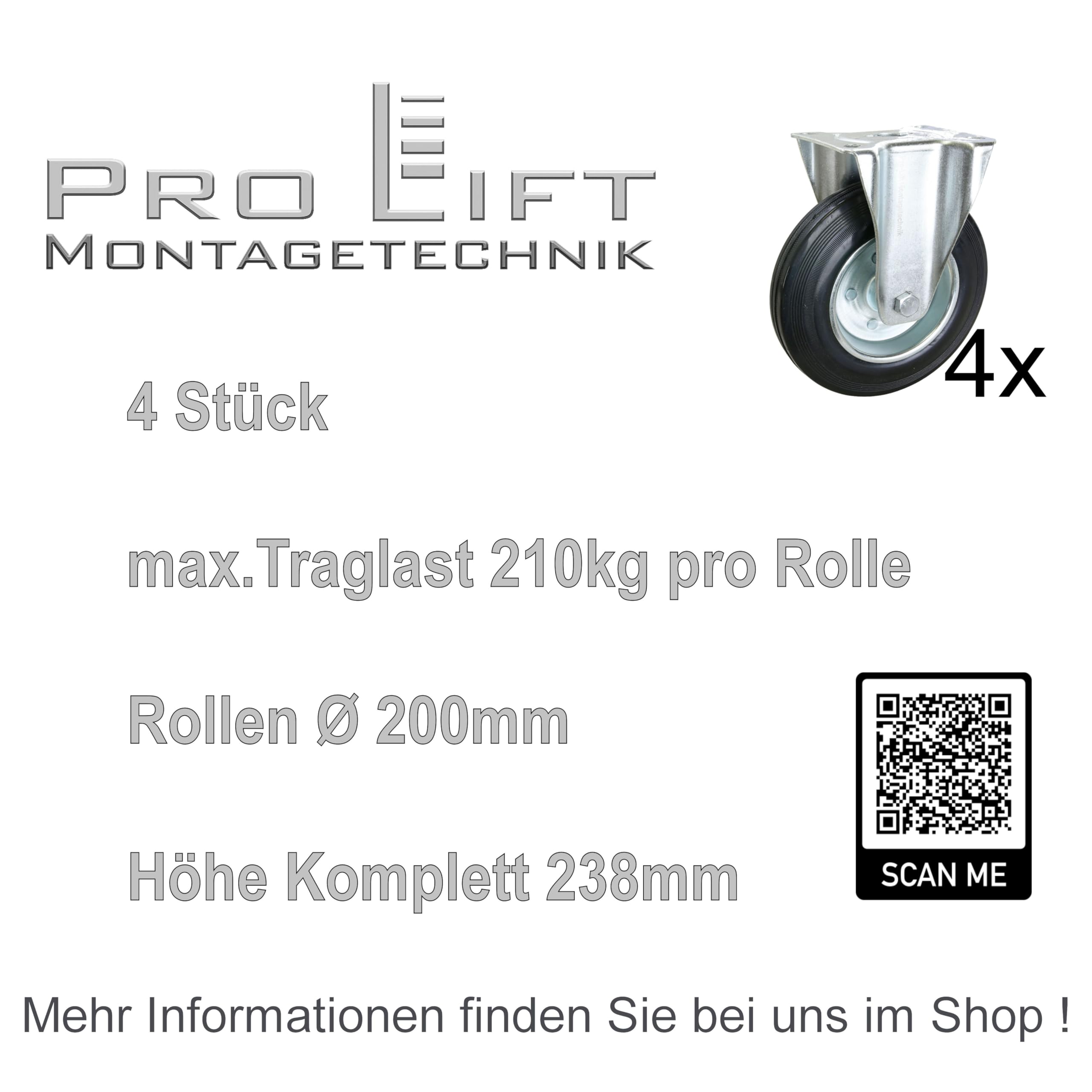4 Stück: je 210kg Bockrollen, Ø200mm, Gummi-Rollenbelag, WE200RFJ, 02047