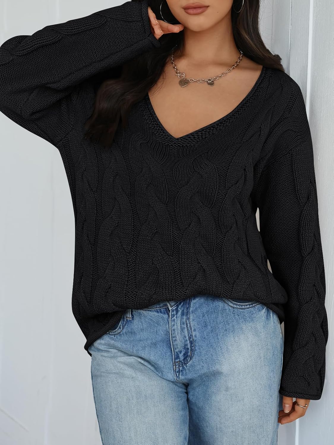 Trendy Queen Oversized Long Sleeve V Neck Cable Knit Sweaters - Image 2