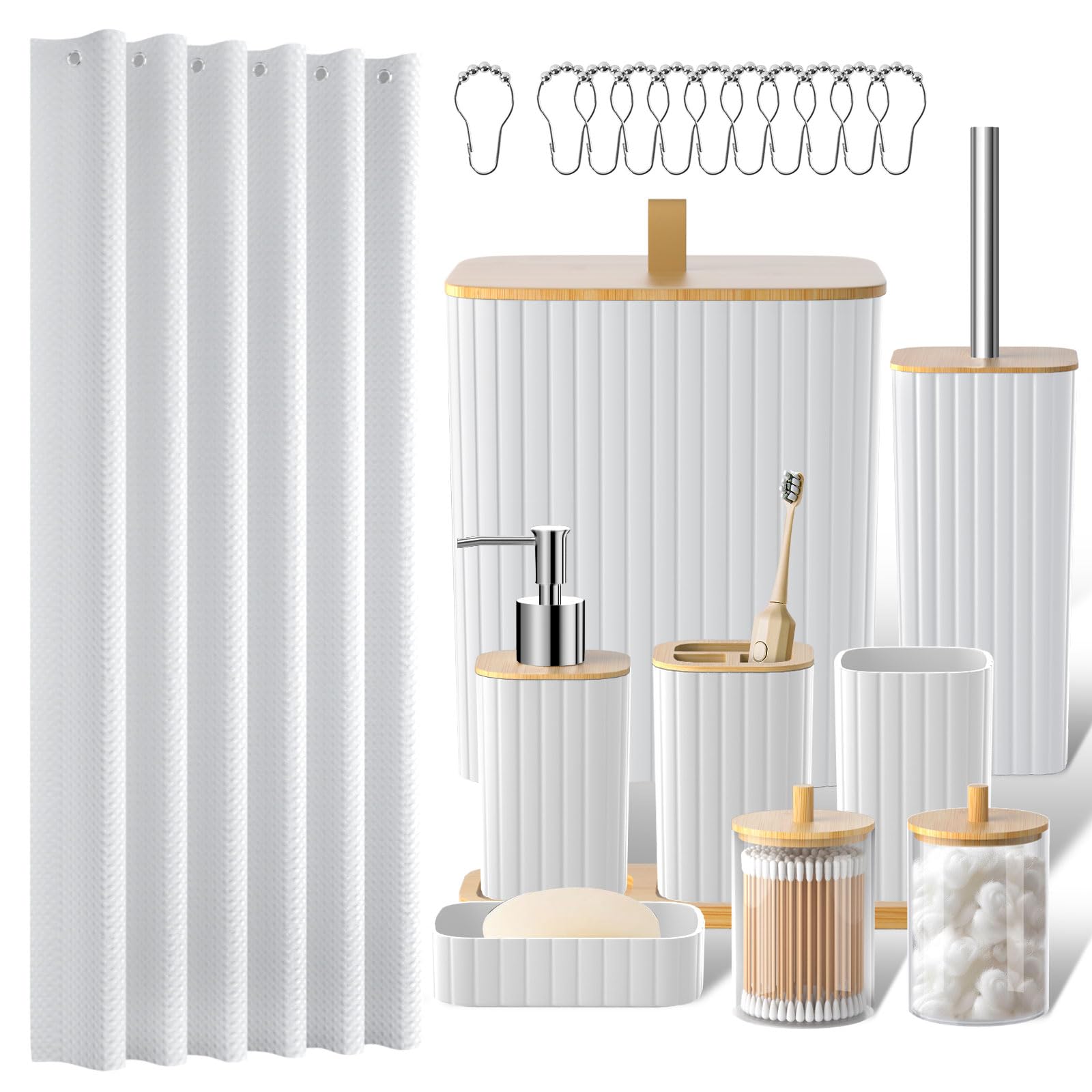 Z ZONAMA Bathroom Accessories Set - 22PCS Bathroom Set with Shower Curtain, Trash Can, Toilet Brush Holder Set & Soap Dispenser – Stylish & Functional Bath Decor for Home, Apartment, White