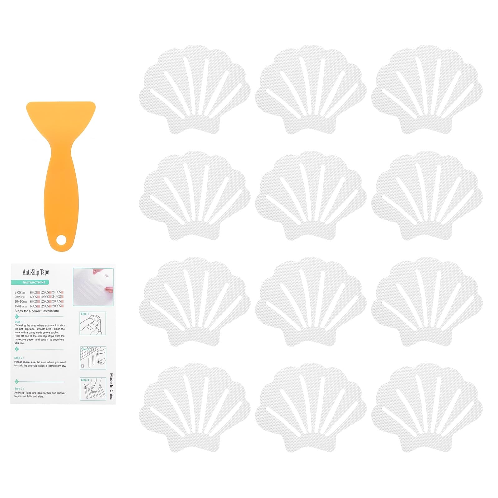 sourcing map 12Pcs Non-Slip Bathtub Stickers, 9x7 cm Shell Shape Shower Floor Non Slip Stickers with Scraper for Bathroom Shower Stairs Ladders, Clear