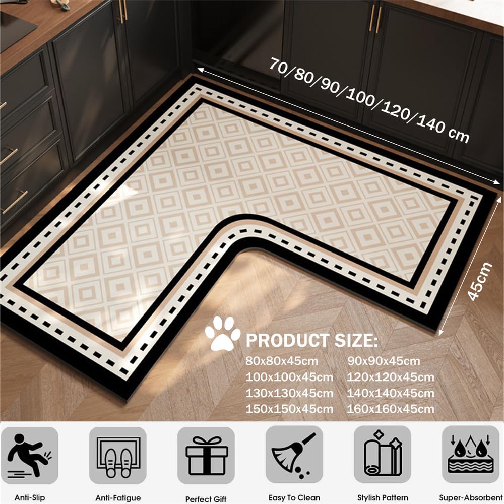 Tapis De Cuisine Diatomite Treer - Forme En L, 100x100x45 Cm - Antidérapant, Absorbant, Lavable En Machine - Chanvre