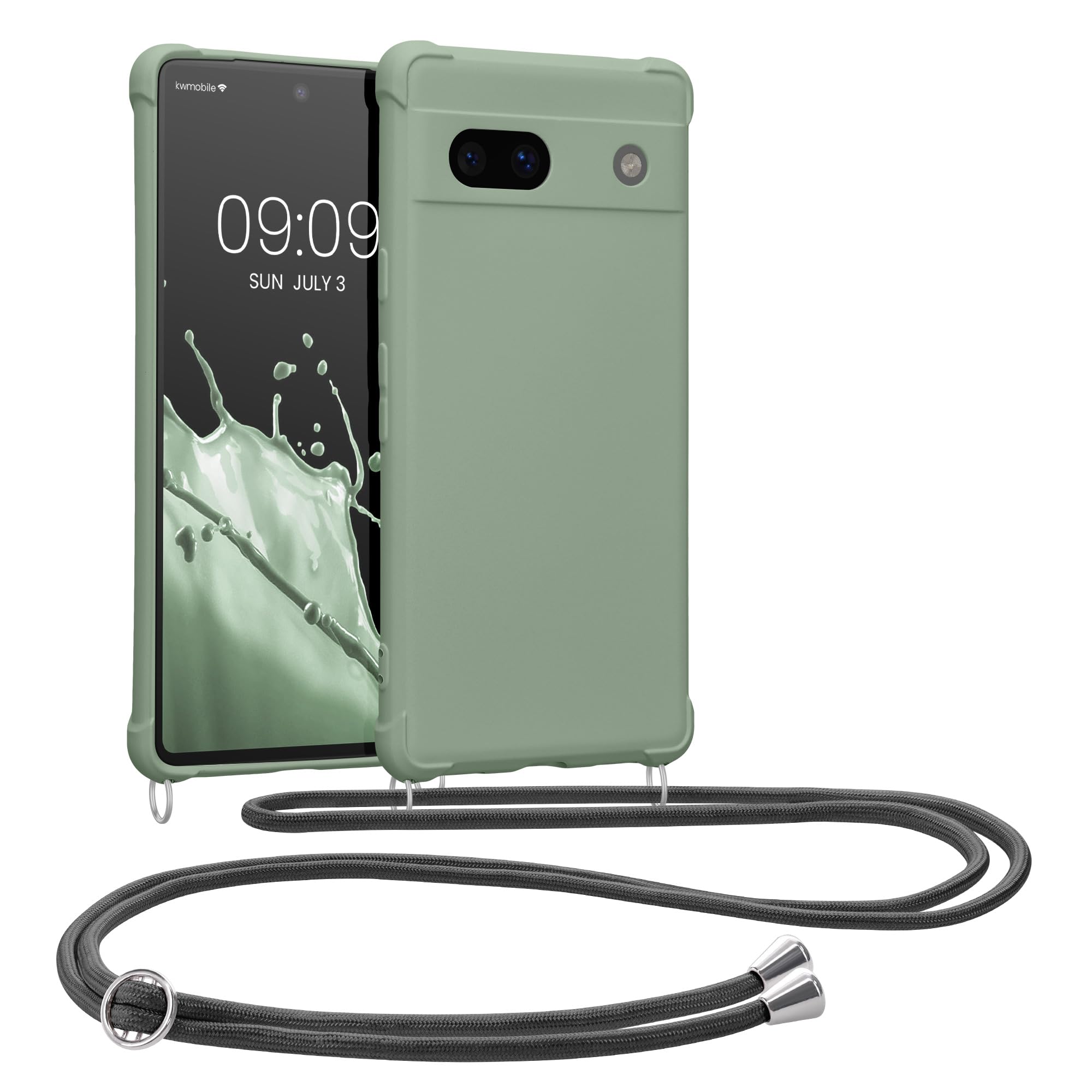 kwmobile Crossbody Case Compatible with Google Pixel 7a Case - TPU Silicone Cover with Strap - Gray Green
