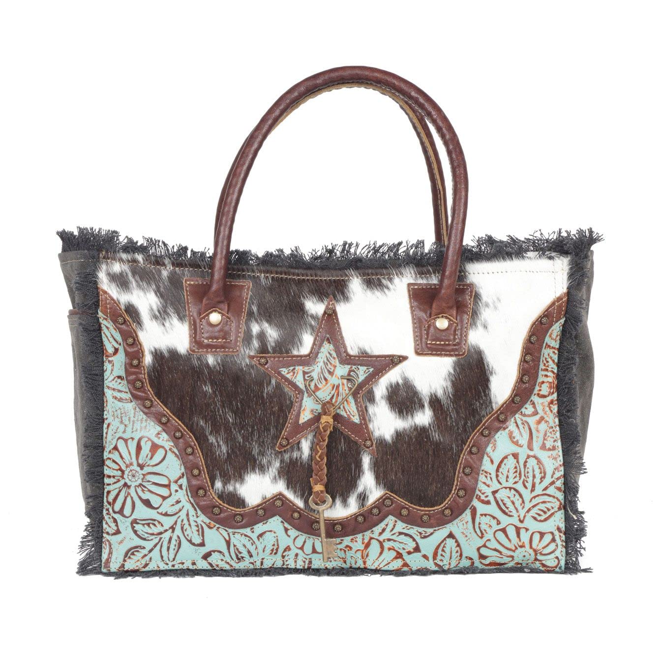 Myra Bag Cowgirl Purses for Women - Cowhide Bag with Leather Strap and Paisley Pattern, Cow Print Western Purses for Women